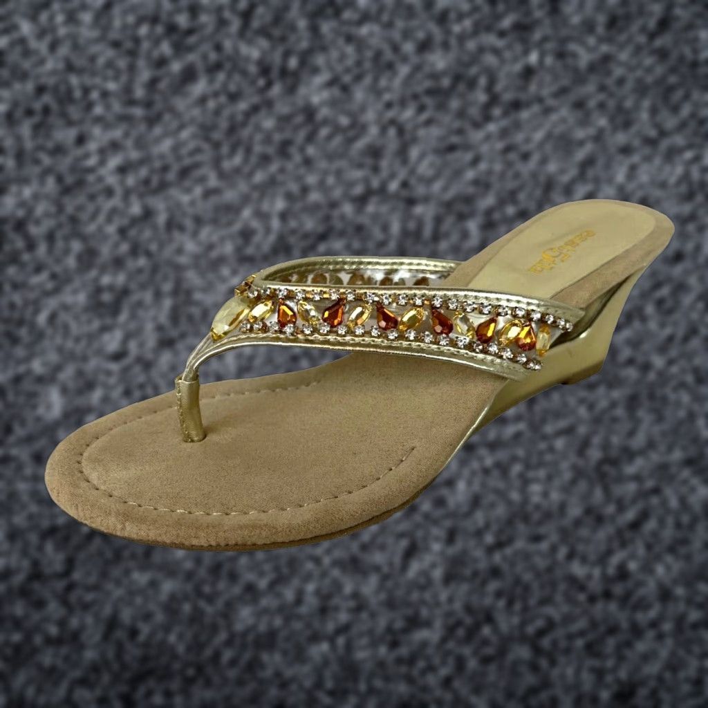 Vintage East 5Th Slide Wedge Sandals Women's Size 6 Gold Rhinestone Accents Mid Heel Shoes