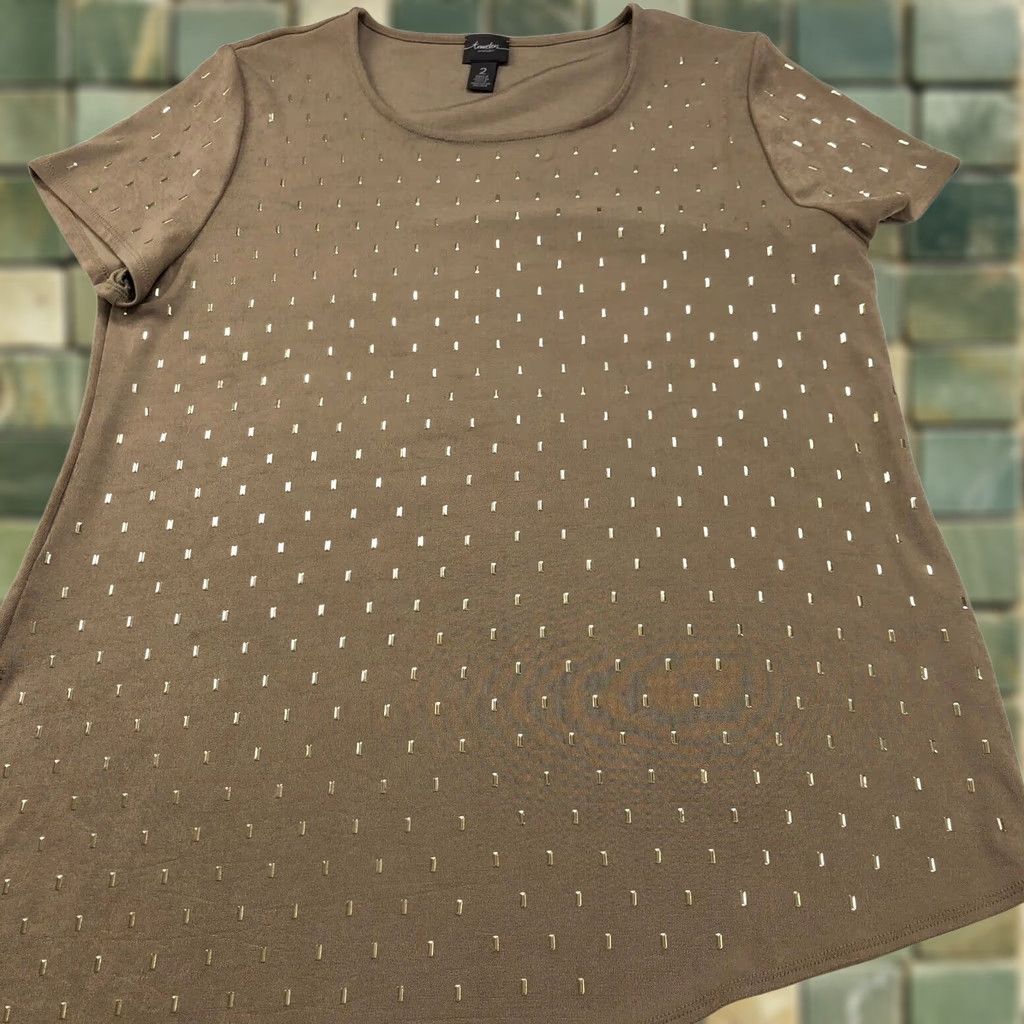 Vintage Travelers By Chico's Blouse Shirt Womens 2 Acetate Slinky Detailed Asymmetrical Pullover Top Short Sleeve Round Neck Brown XS? Size XS / US 0-2 / IT 36-38 - 1 Thumbnail