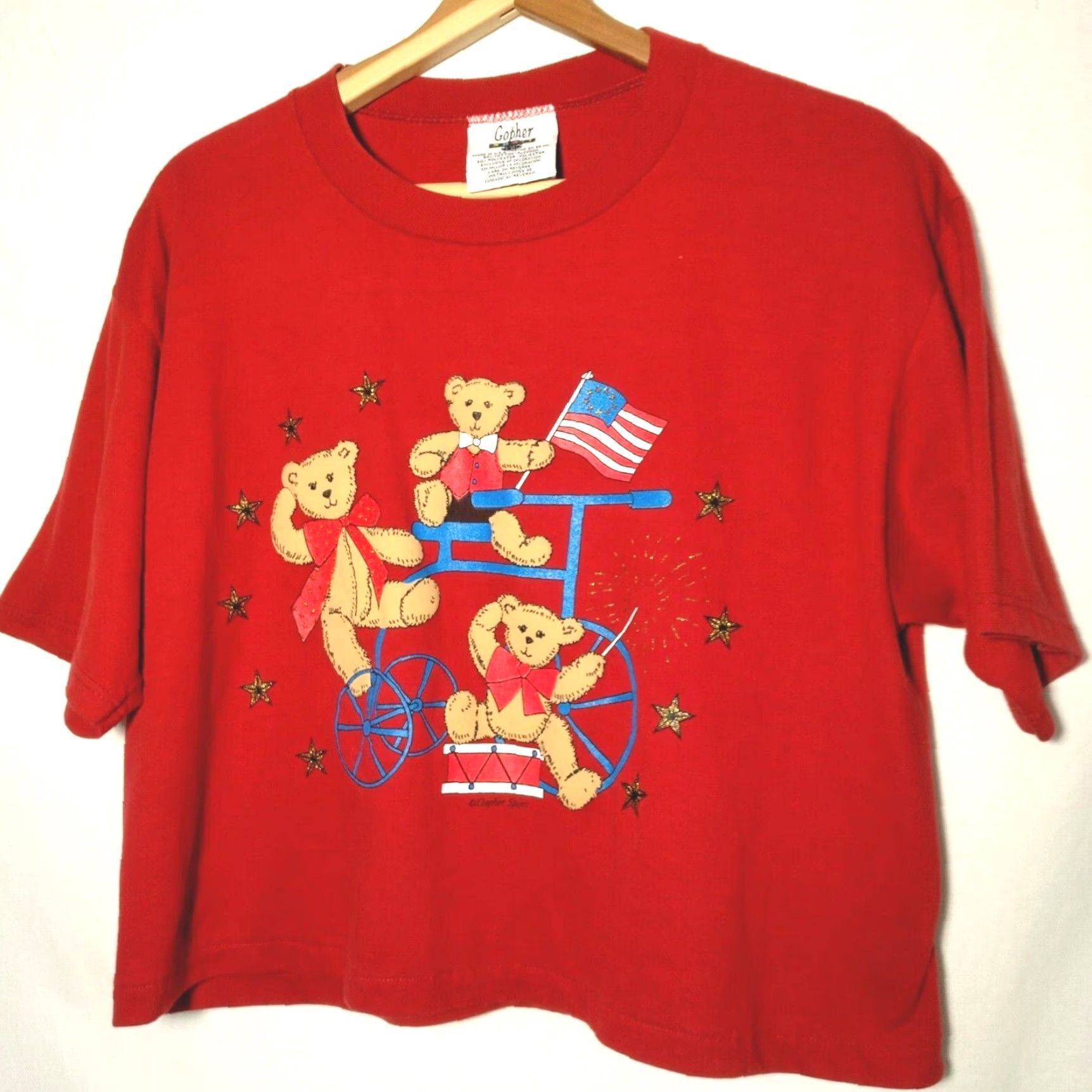 Vintage VINTAGE Gopher Sport T-Shirt USA Patriotic Bicycle Teddy Bear Cropped Short Sleeve Red Large Women Size L Size L / US 10 / IT 46 - 2 Thumbnail