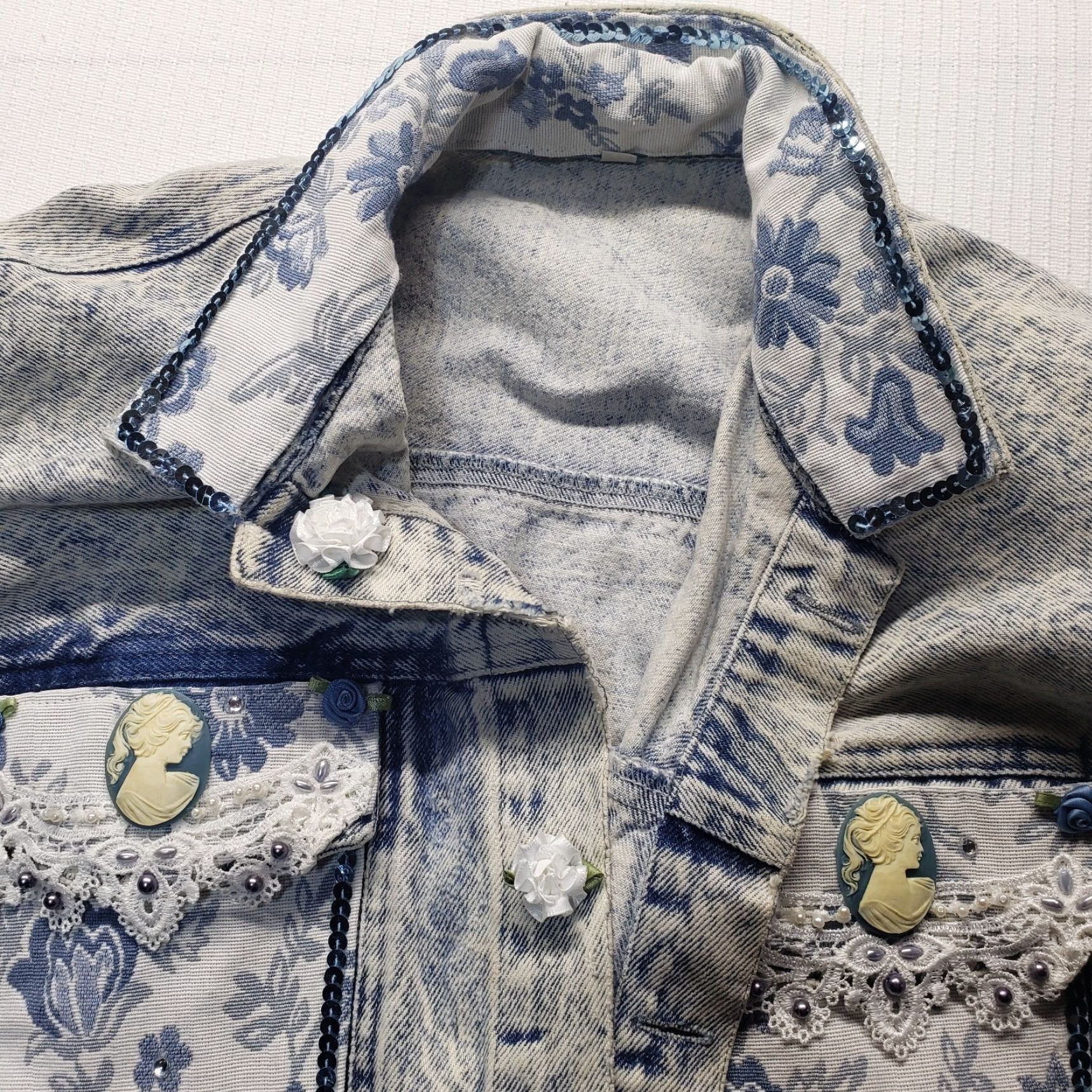 Denime Unbranded Denim Coat Sport Jacket Blue Floral Lace Button Victorian Style M Women Size M / US 6-8 / IT 42-44 - 4 Thumbnail