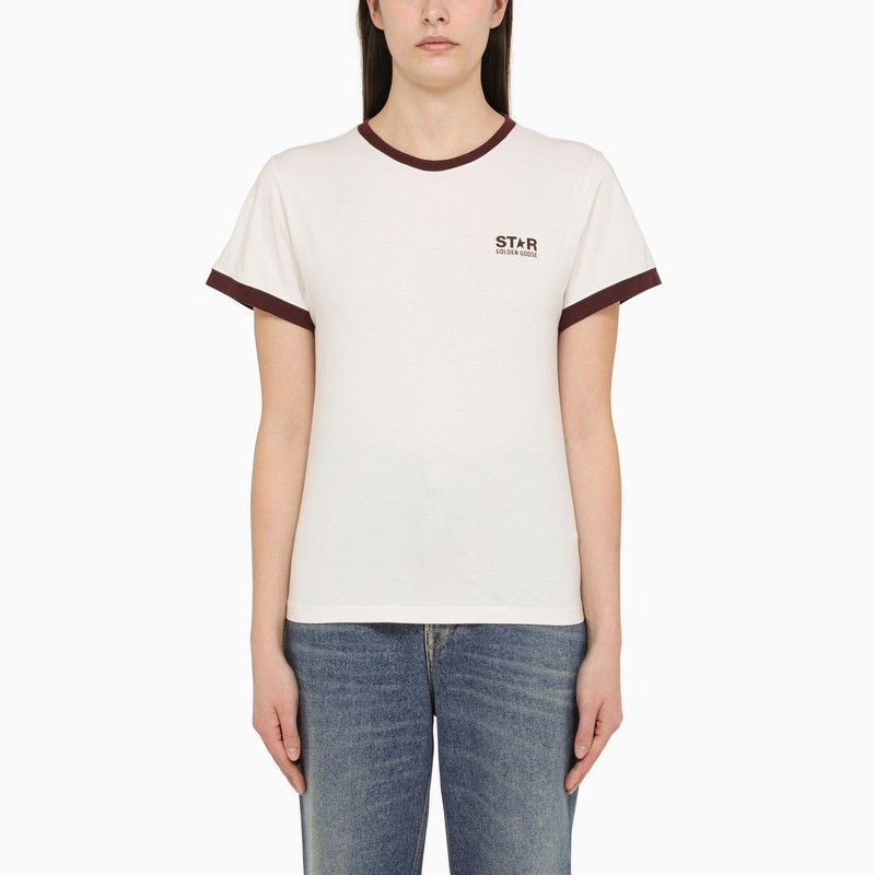 image of Golden Goose White/bordeaux Cotton T-Shirt With Logo, Women's (Size Large)