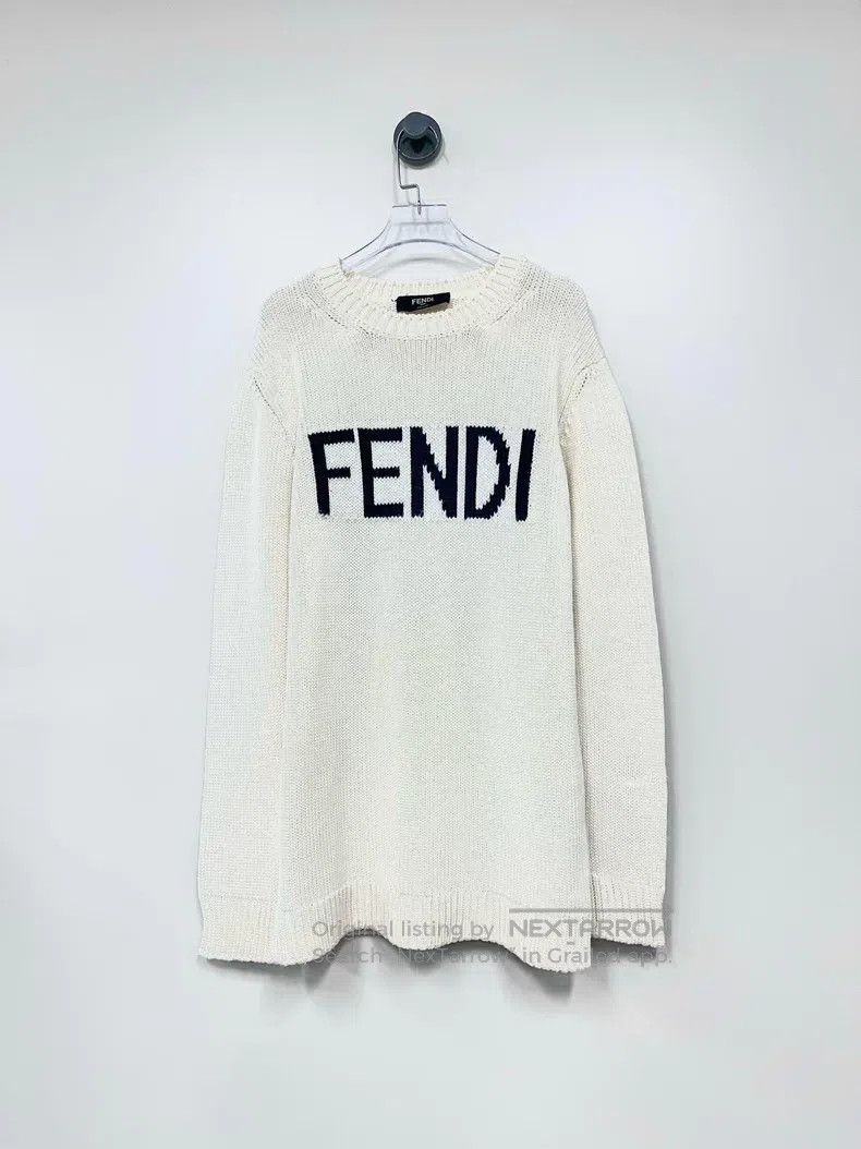 Fendi Fendi Off-White Knit Sweater with Embroidered Letter Logo Size US L / EU 52-54 / 3 - 1 Thumbnail