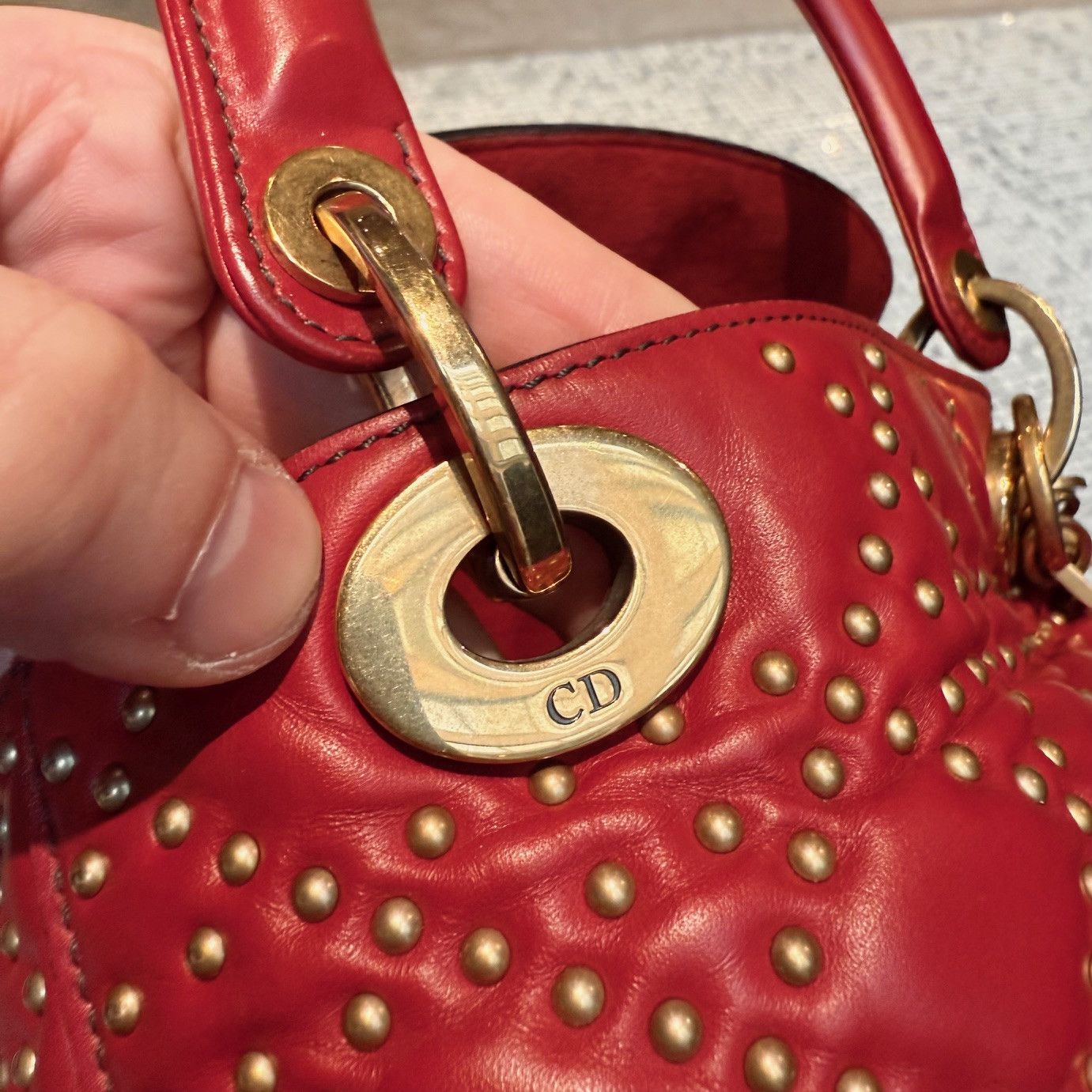 Dior Christian Dior Red Leather Gold Studded Medium Lady Dior Bag Size ONE SIZE - 11 Thumbnail