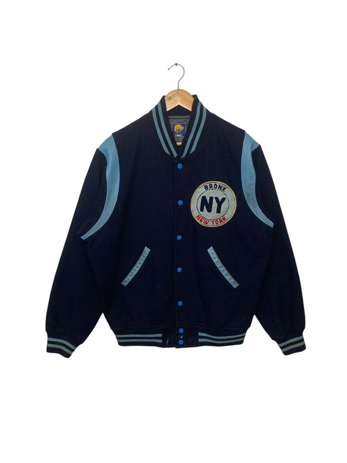 Leather × Vintage Vintage 90's Bronco New York Varsity Jacket Size US L / EU 52-54 / 3 - 1 Thumbnail