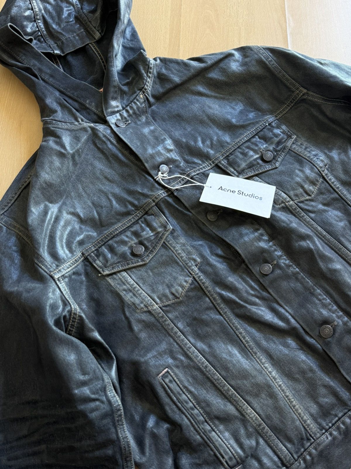 Glossy denim jacket with hood