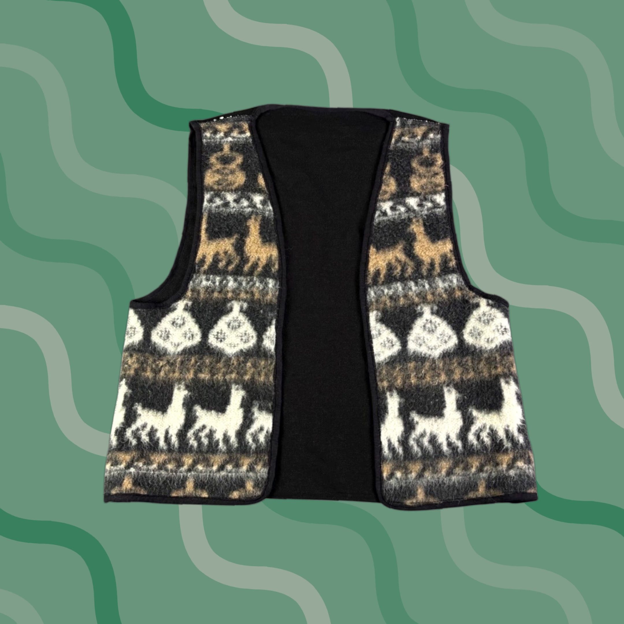Vintage VINTAGE Unique Alpaca Animal Pattern Vest Black Tan White Graphic Print Sleeveless Wool Fleece Beaded Collarless Unlined Size M / US 6-8 / IT 42-44 - 1 Thumbnail