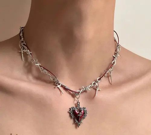 Jewelry Silver Barbed Wire Cross Necklace with Red Heart Pendant Size ONE SIZE - 2 Thumbnail