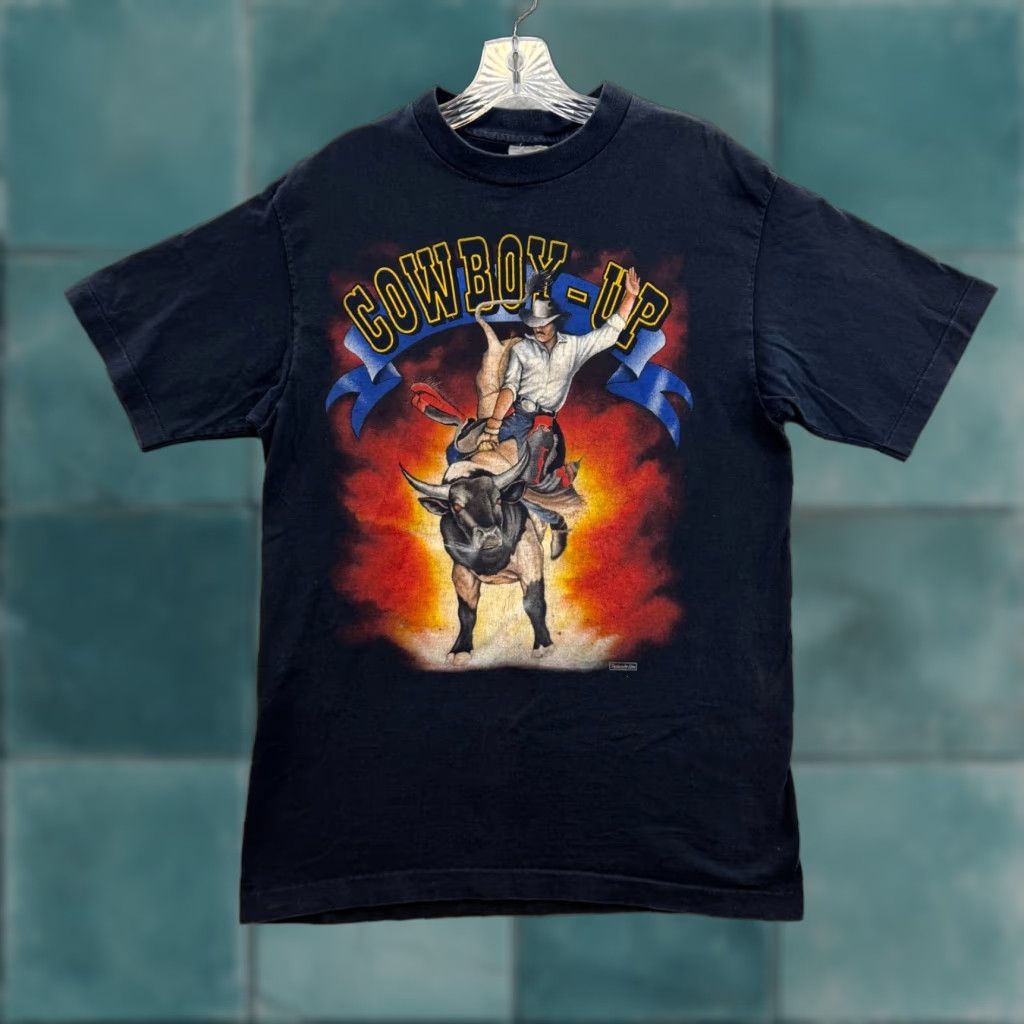 Vintage VINTAGE Cowboy Up T-Shirt Graphic Tee Mens Large Black Western Bull Riding Size US L / EU 52-54 / 3 - 1 Thumbnail