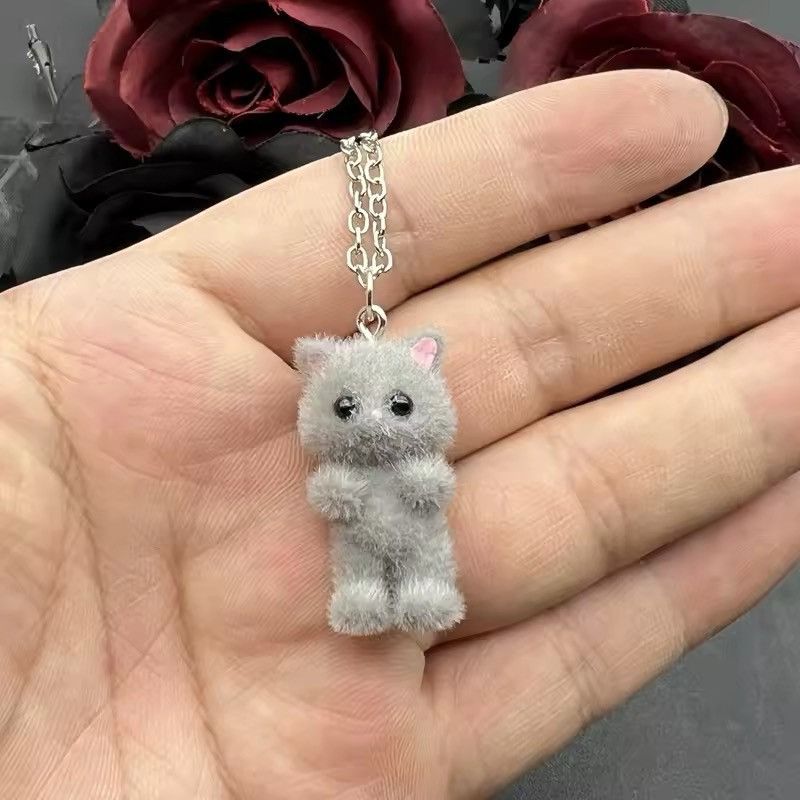 Vintage 3 Pcs Cartoon Flocking Cat Kawaii Necklace Keychains Size ONE SIZE - 4 Thumbnail