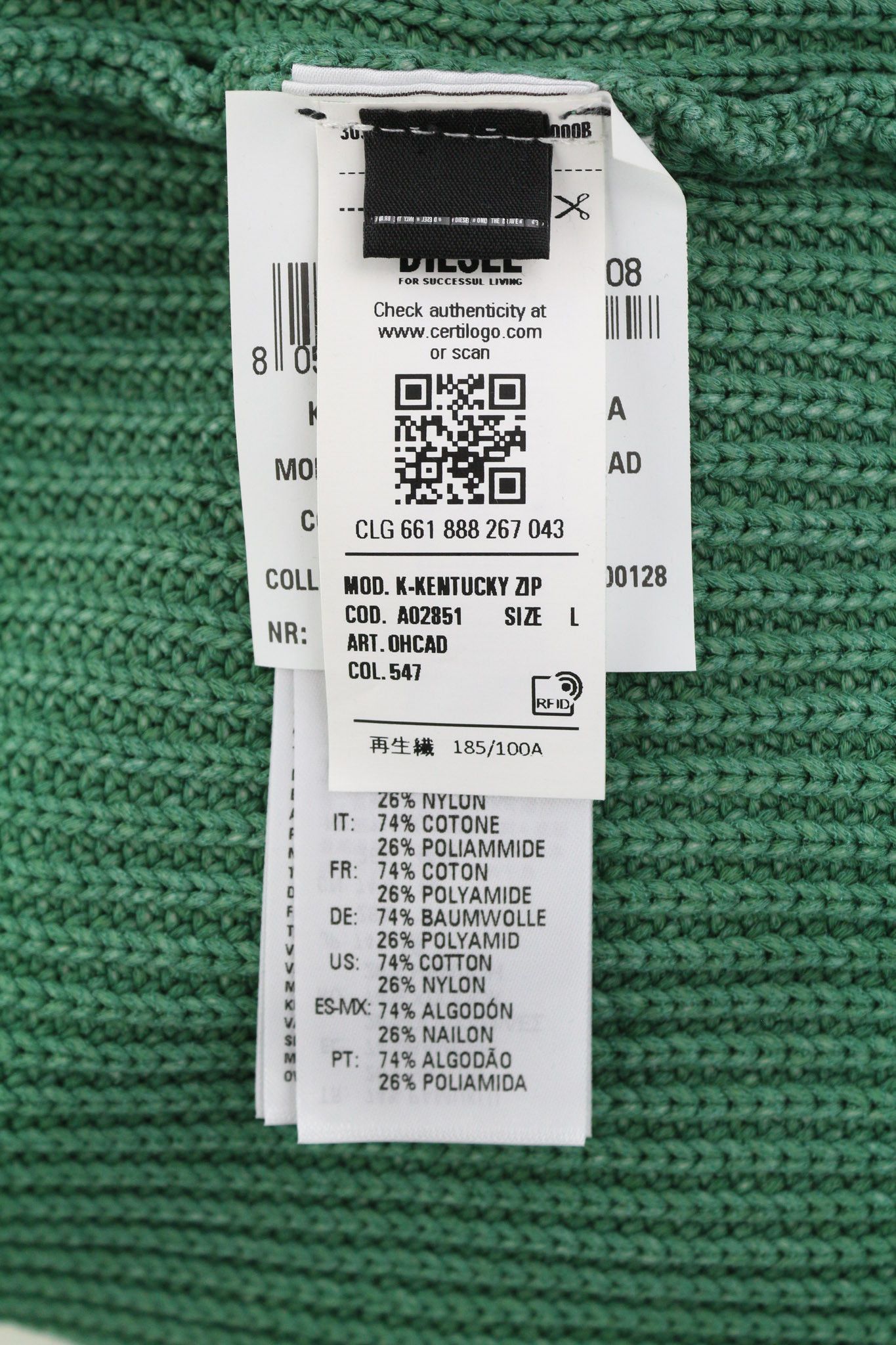 Diesel K-KENTUCKY ZIP L Washed Crew Knit Green Jumper 40133 Size US L / EU 52-54 / 3 - 8 Thumbnail
