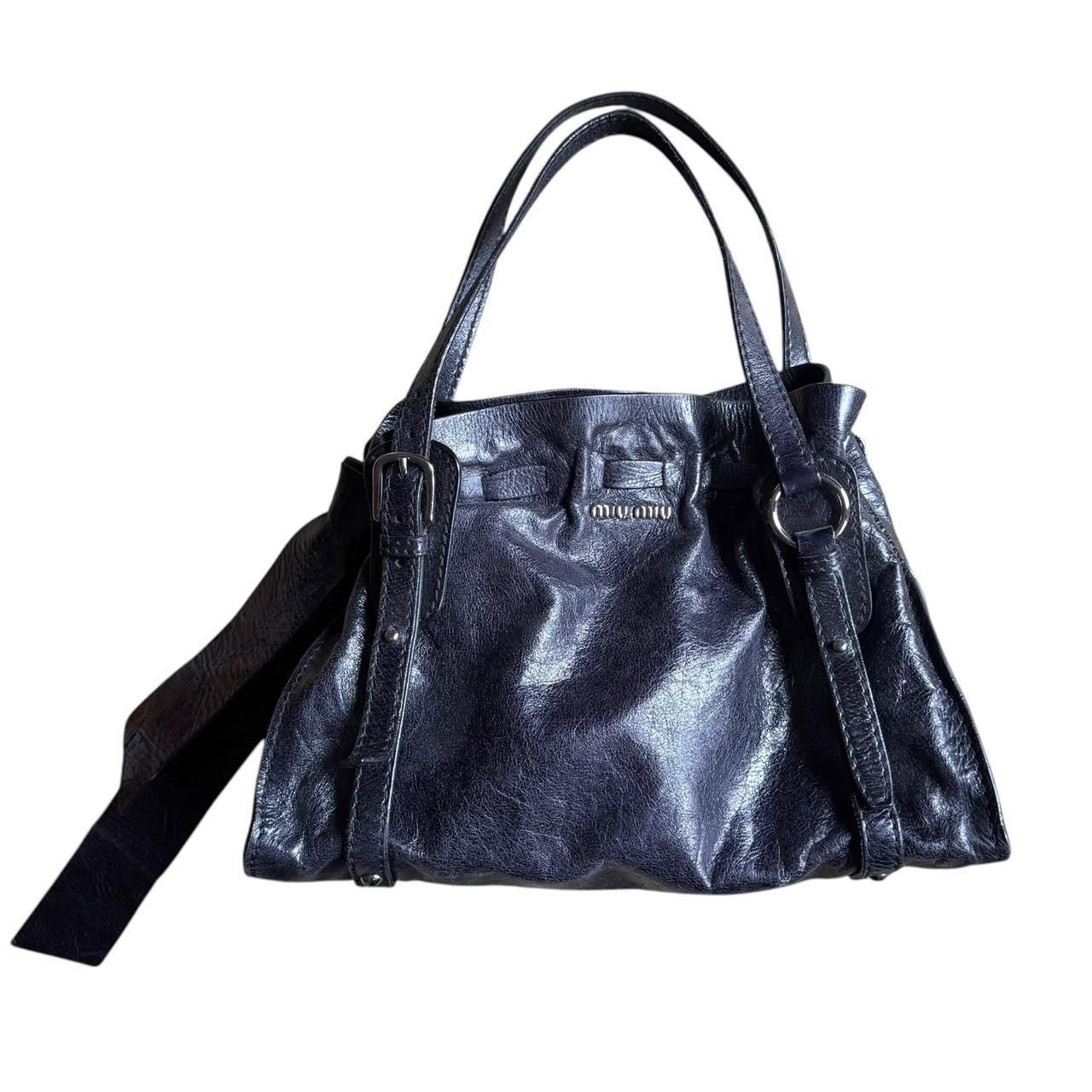 Y2K Miu Miu Navy Blue Leather Slouchy Bow Tote Bag, Women's