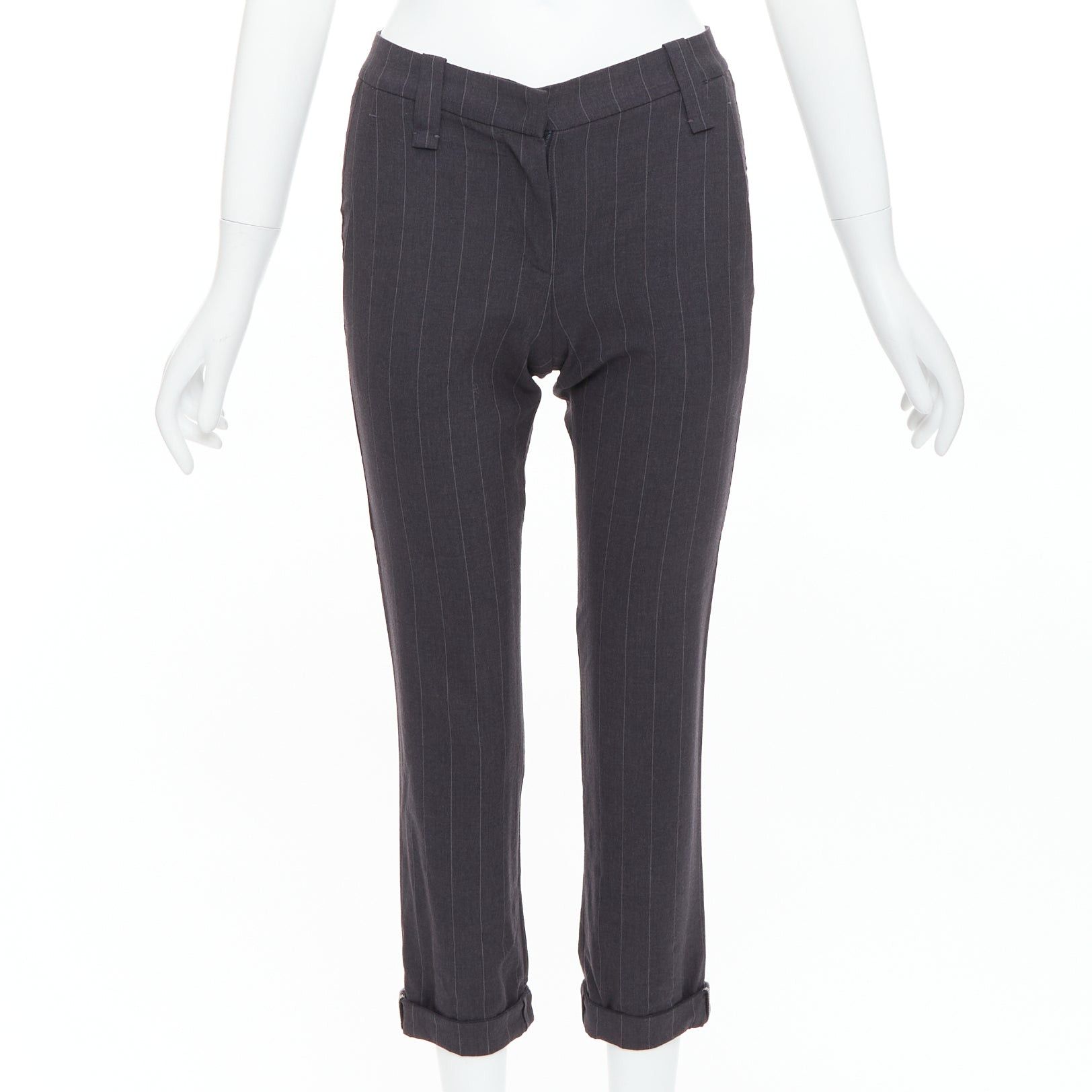 Brunello Cucinelli BRUNELLO CUCINELLI grey virgin wool blend pinstripe cuffed crop trousers IT38 XS Size 26" / US 2 / IT 38 - 1 Thumbnail