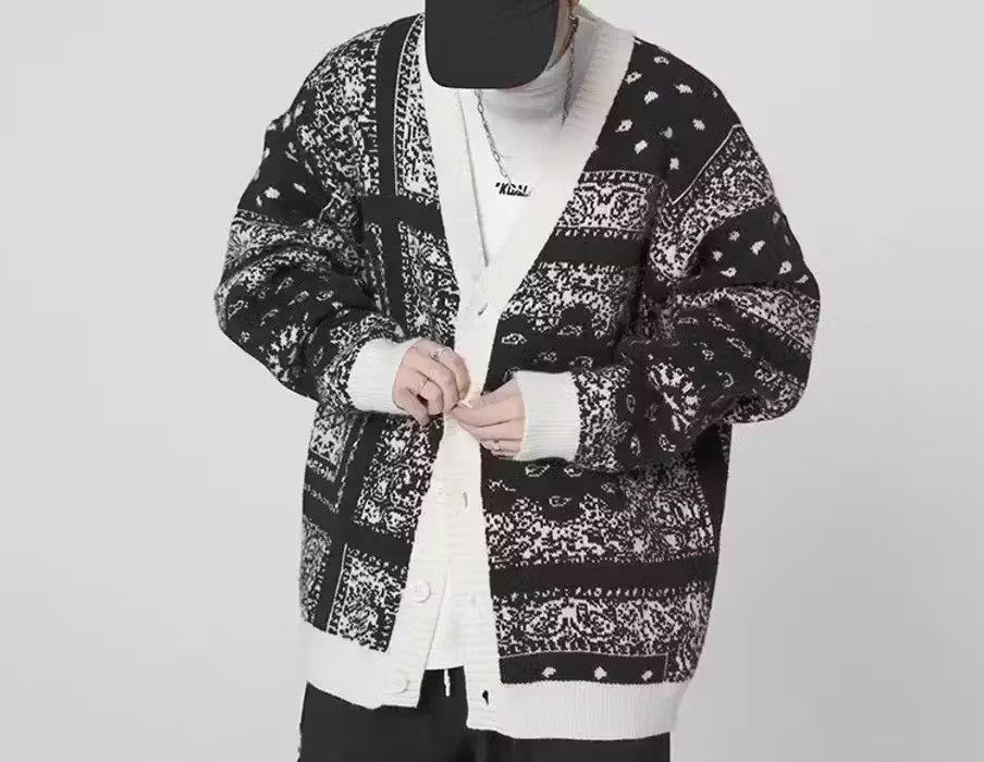 image of Vintage New Cool Trendy Bandana Cardigan Knitwear Jumper in Black, Men's (Size Large)