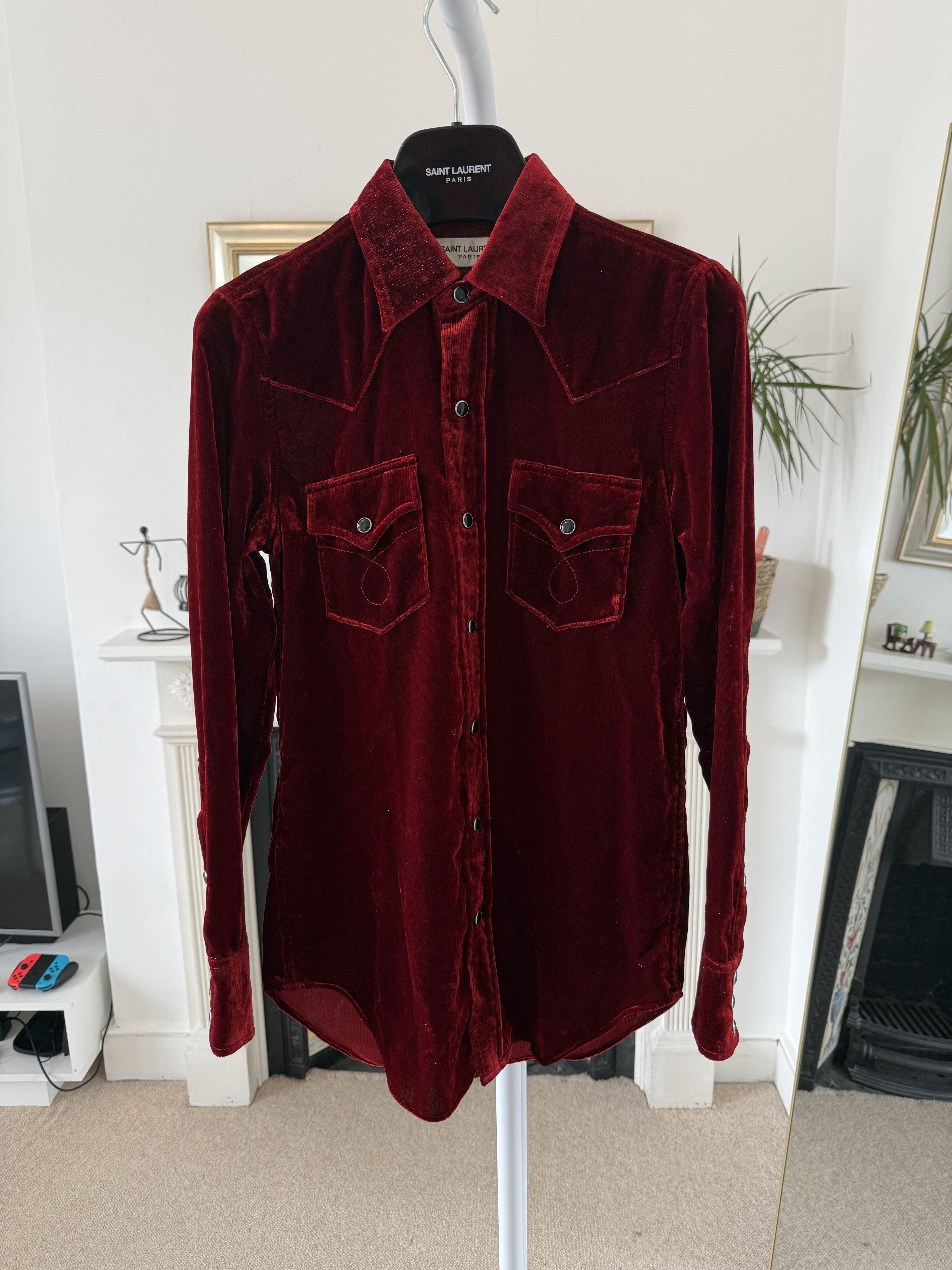 Hedi Slimane × Saint Laurent Paris FW16 Saint Laurent Glitter Red Velour Shirt Size XS / US 0-2 / IT 36-38 - 1 Thumbnail