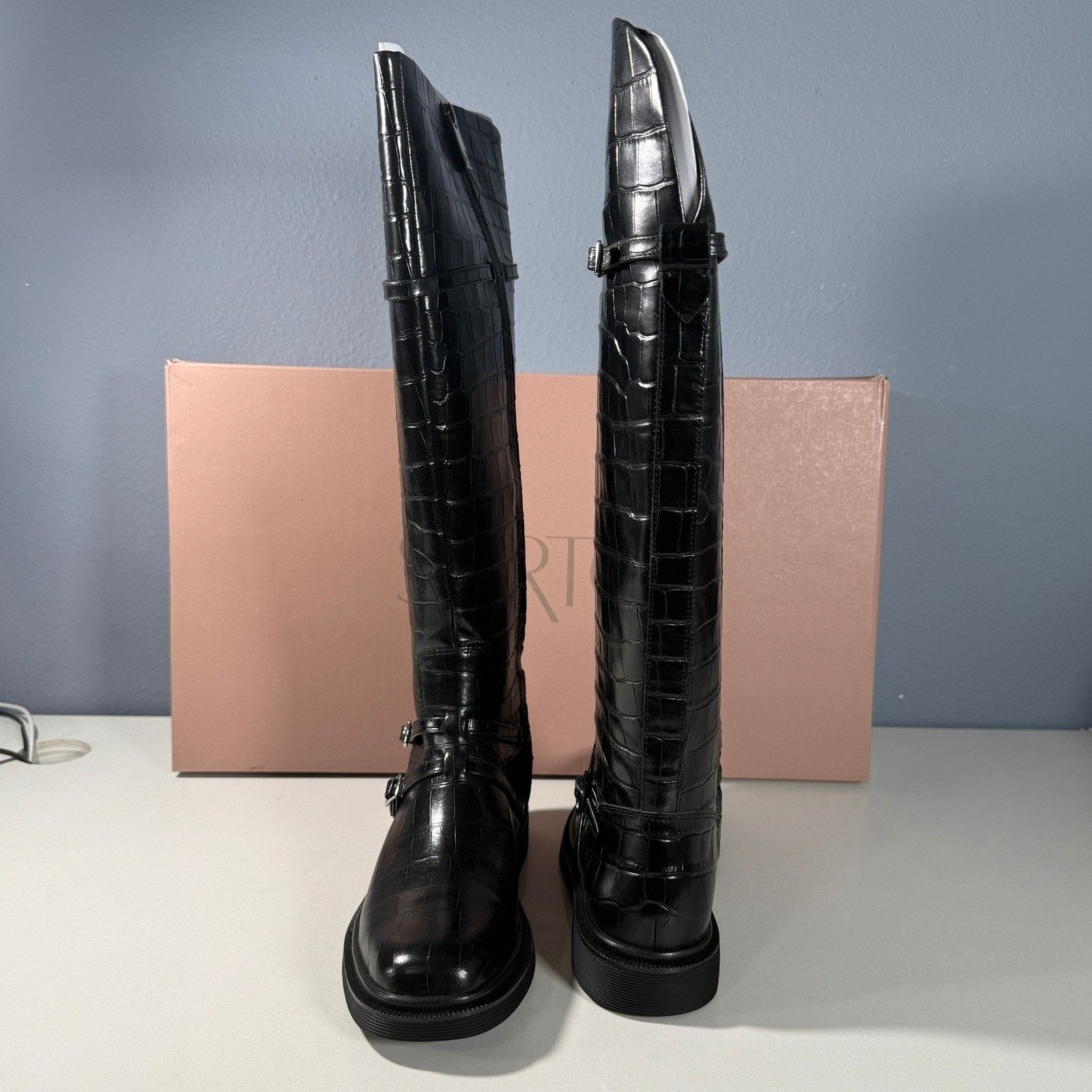 Franco Sarto SARTO by Franco Sarto Black Croc Embossed Leather Boots Size US 8 / IT 38 - 3 Thumbnail