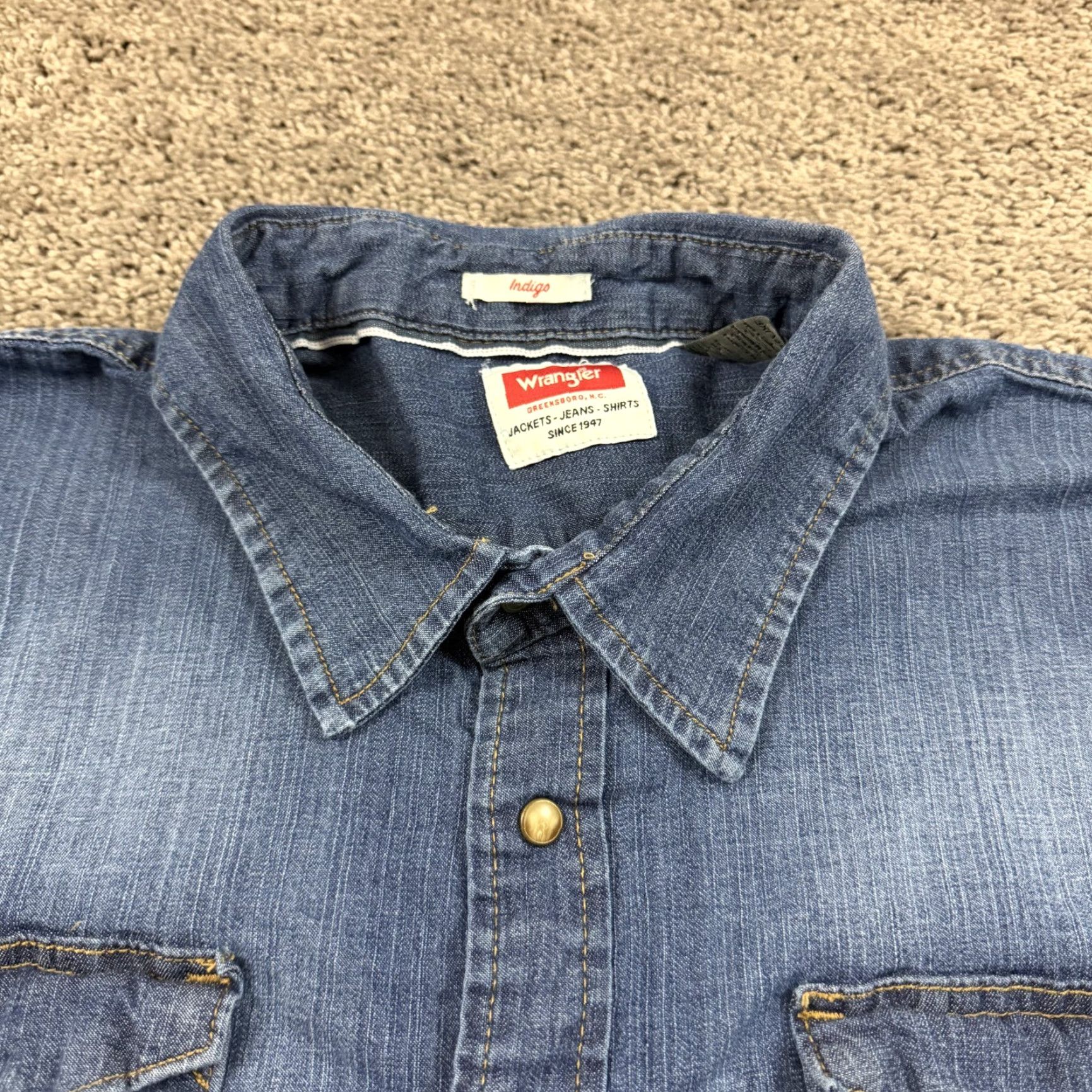 Wrangler Wrangler Shirt Mens 3XL Blue Denim Long Sleeve Pearl Snap Stretch Dark Indigo Category: Button-Up Size US XXL / EU 58 / 5 - 4 Thumbnail