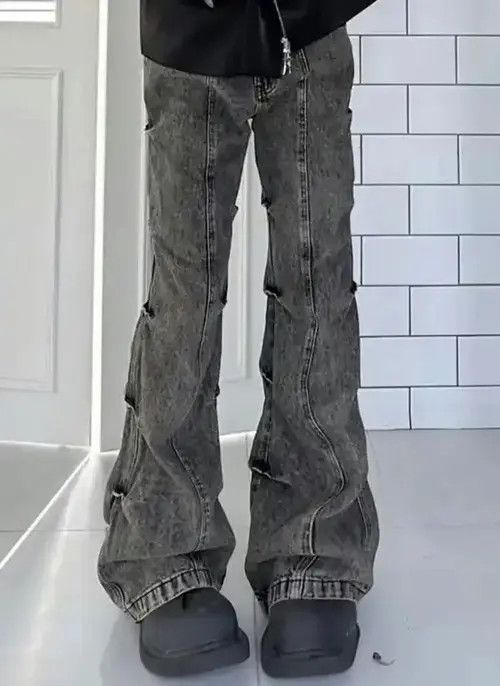 Outsider Denim Distressed Style Washed Pleated Bootcut Jean Size US 32 / EU 48 - 4 Thumbnail