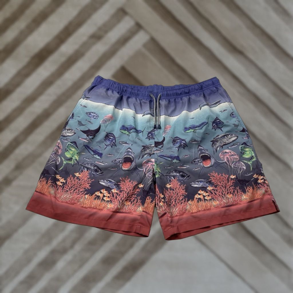 Peter Millar Peter Millar Seaside Ocean Traffic Stretch Swim Trunks Board Bottom Mens 2XL Blue multi Fish Tropical Beach Deep Sea Stretch 1990s? Size US XXL / EU 58 / 5 - 1 Thumbnail