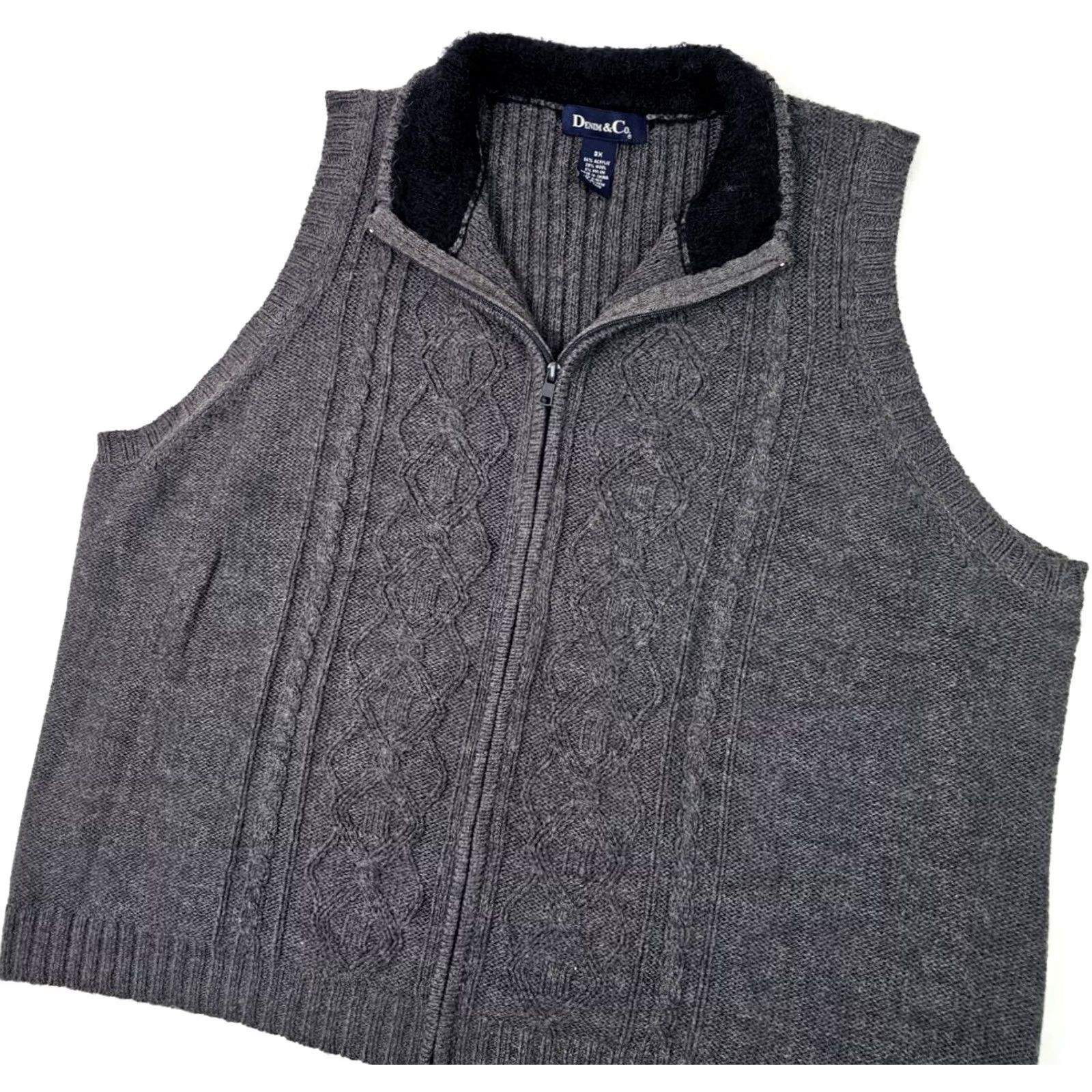 Denim & Co. VINTAGE Denim & Co Denim & Co Tweed Wool Acrylic Blend Full Zip Vest Men 3X (54" Chest) Gray Knit Size XXL / US 16-18 / IT 52-54 - 3 Thumbnail