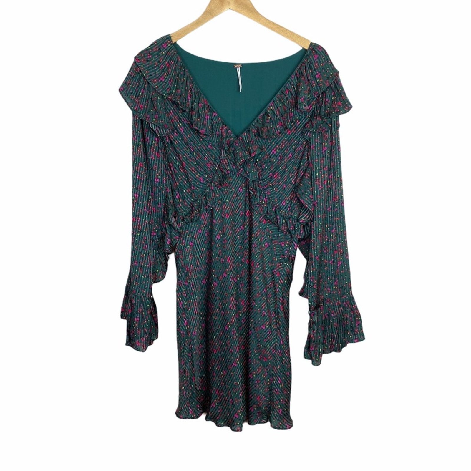 Free People Free People Satin Long Sleeve Ruffle V Neck Dress Size 2 Size XS / US 0-2 / IT 36-38 - 1 Thumbnail