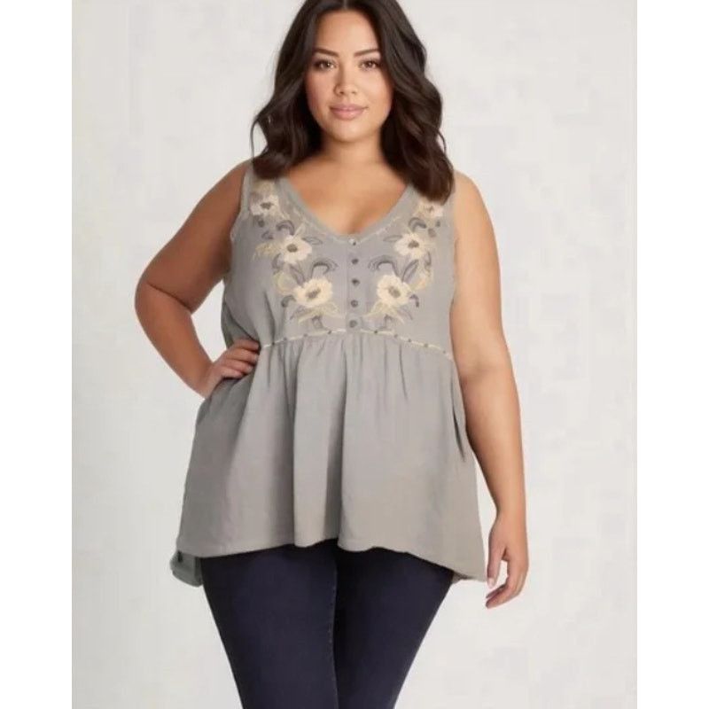 Other Boho Floral Embroidered Gray Sleeveless Tunic Top Torrid 3X Size 3XL / US 20-22 - 1 Thumbnail