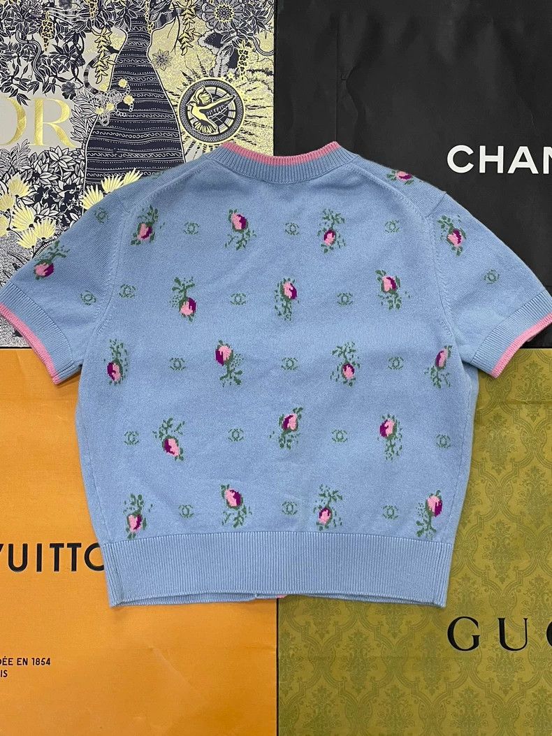 Chanel chanel Blue-matched pink floral diamond-button short-sleev Size XS / US 0-2 / IT 36-38 - 3 Thumbnail