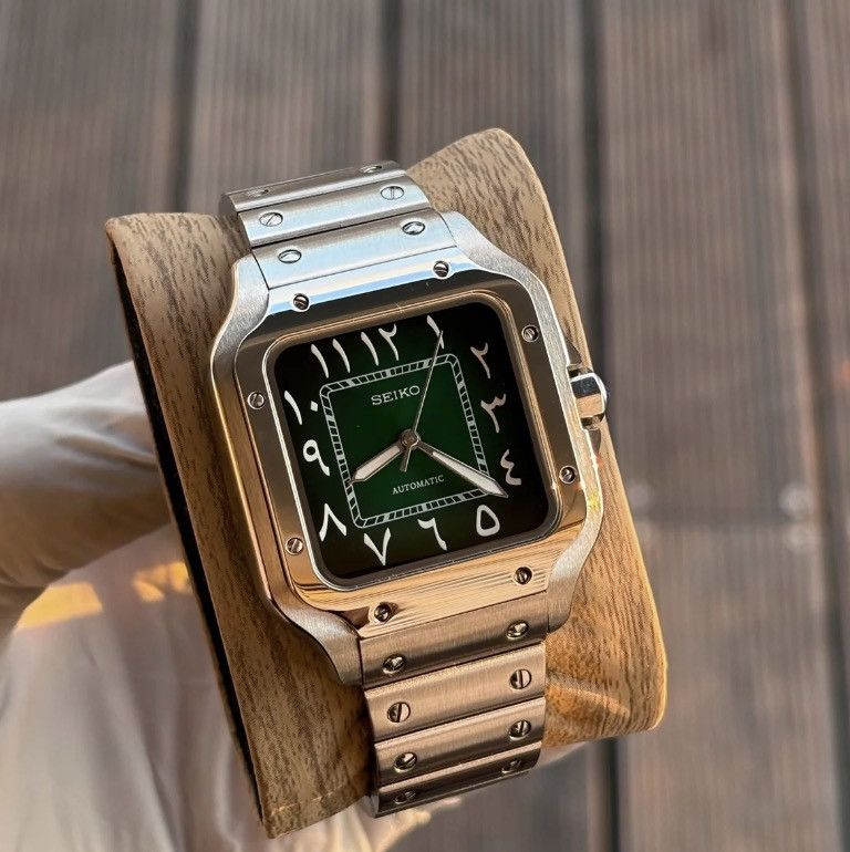 Vintage Seiko Rectangular Green Black Arabic Steel Watch Nh35, Men's
