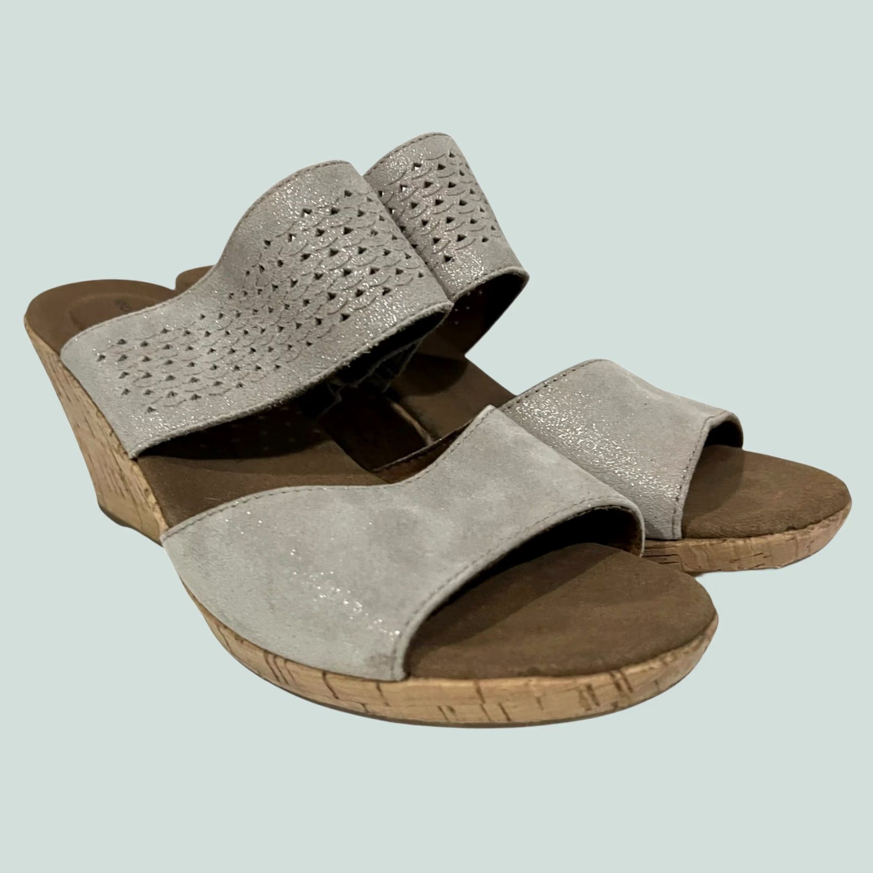 Rockport Rockport Briah Sandals Slip-On Gray Silver Leather Womens Size 8 Wedge 2-Band Mid Heel Hook & Loop Shoes Size US 8 / IT 38 - 1 Thumbnail