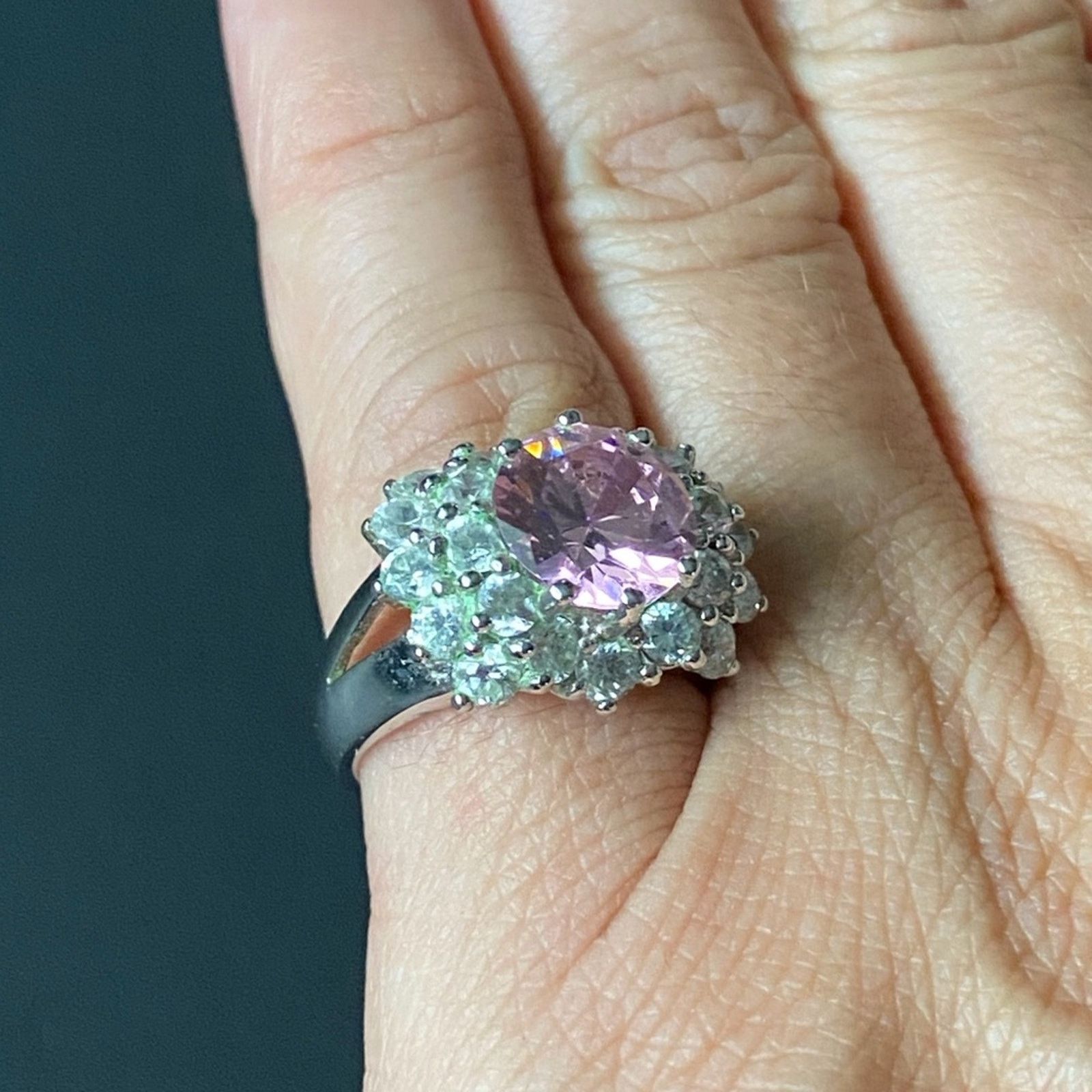 Vintage Costume Pink Rose Quartz And CZ Stone Ring Size ONE SIZE - 4 Thumbnail