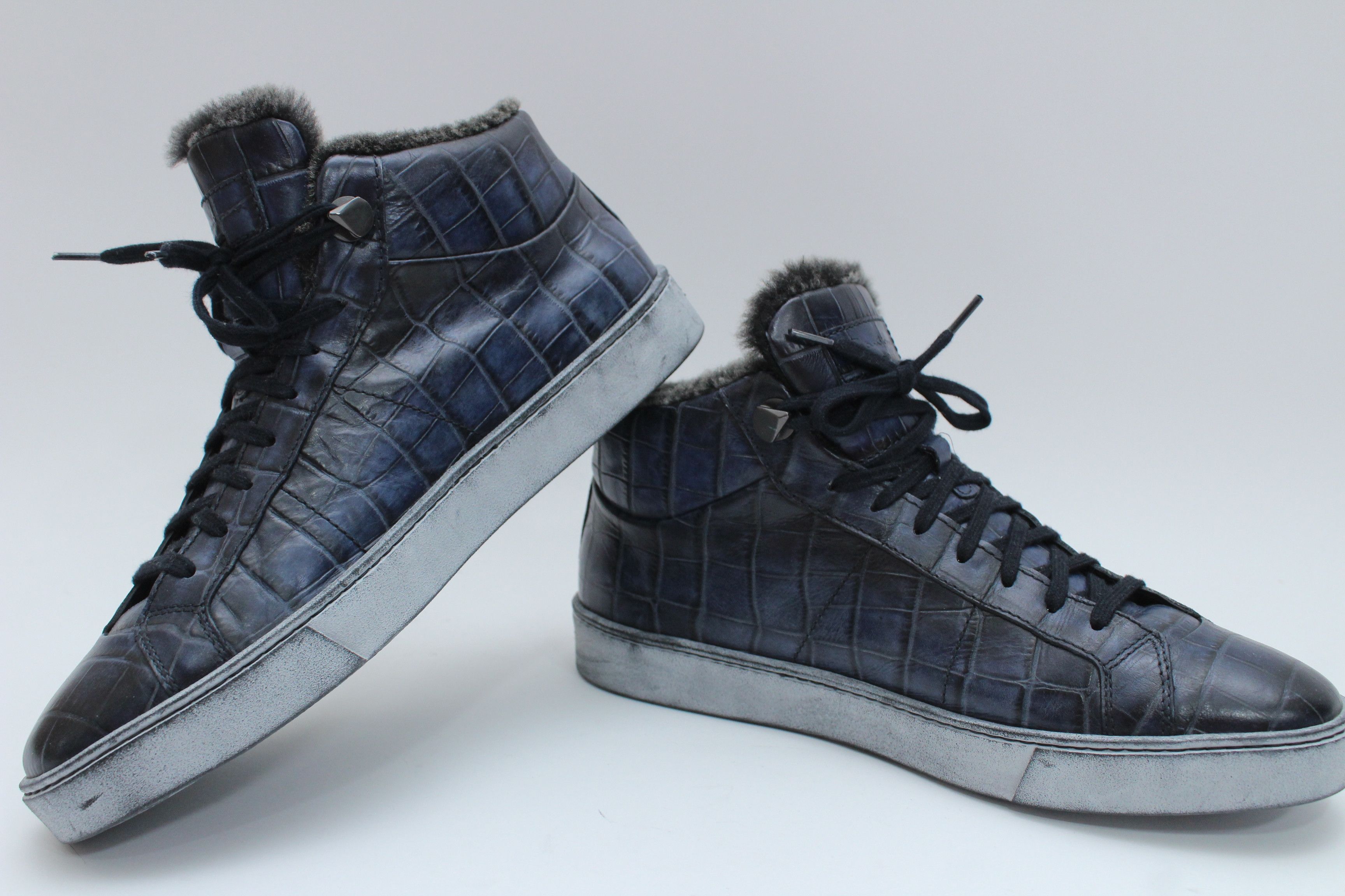 Santoni Santoni Navy Crocodile Embossed Leather Fur Lined Sneakers Size US 8 / EU 41 - 6 Thumbnail