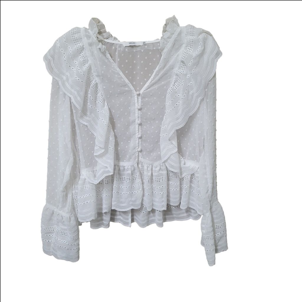 Other 70°F/21°C White Ruffled Peplum Blouse with Bib Collar Size S / US 4 / IT 40 - 5 Thumbnail