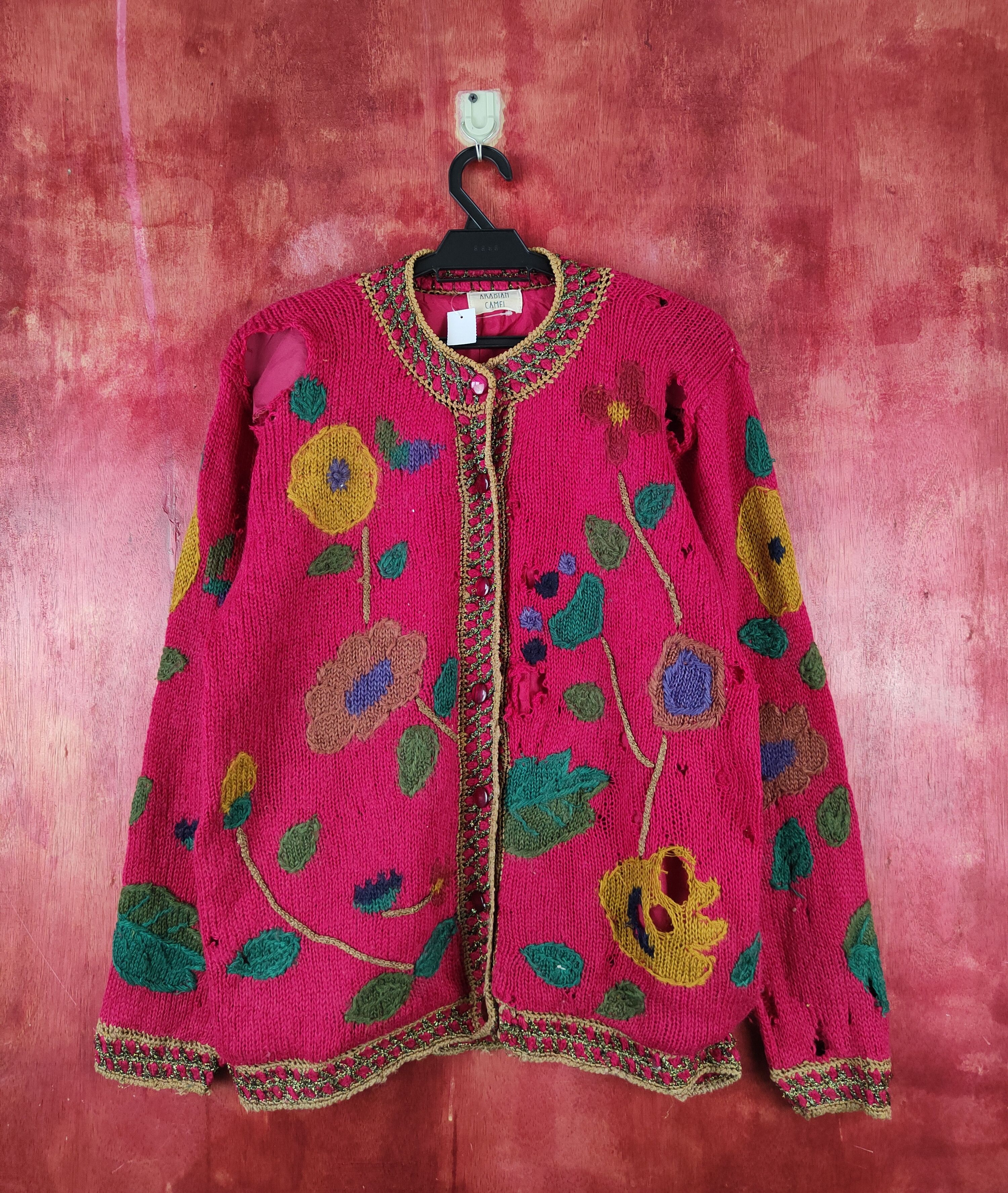 Japanese Brand Arabian Camel Red distressed ripped Knitwear Cardigan #S2403 Size L / US 10 / IT 46 - 1 Thumbnail