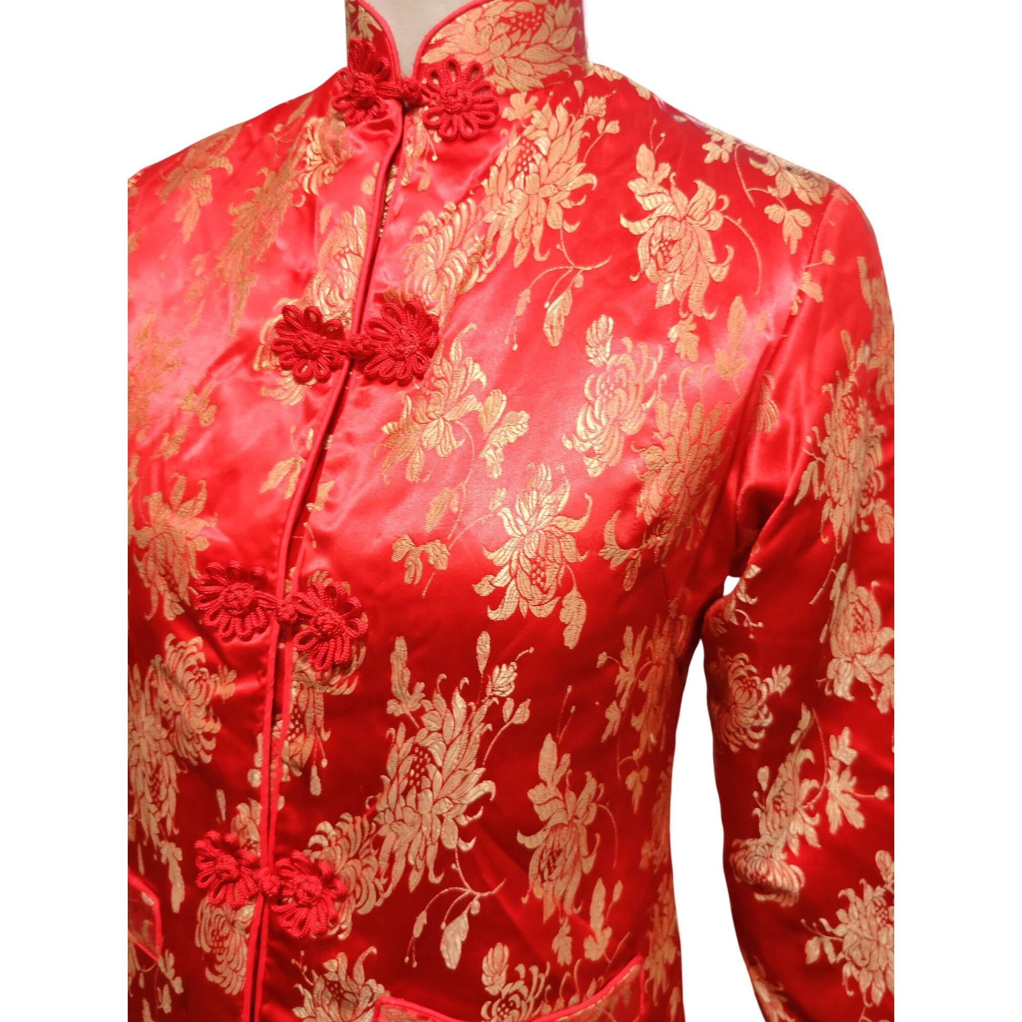 Vintage Womens S Red Jacket Brocade Vintage Chinese Gold Floral Frog Size S / US 4 / IT 40 - 14 Thumbnail