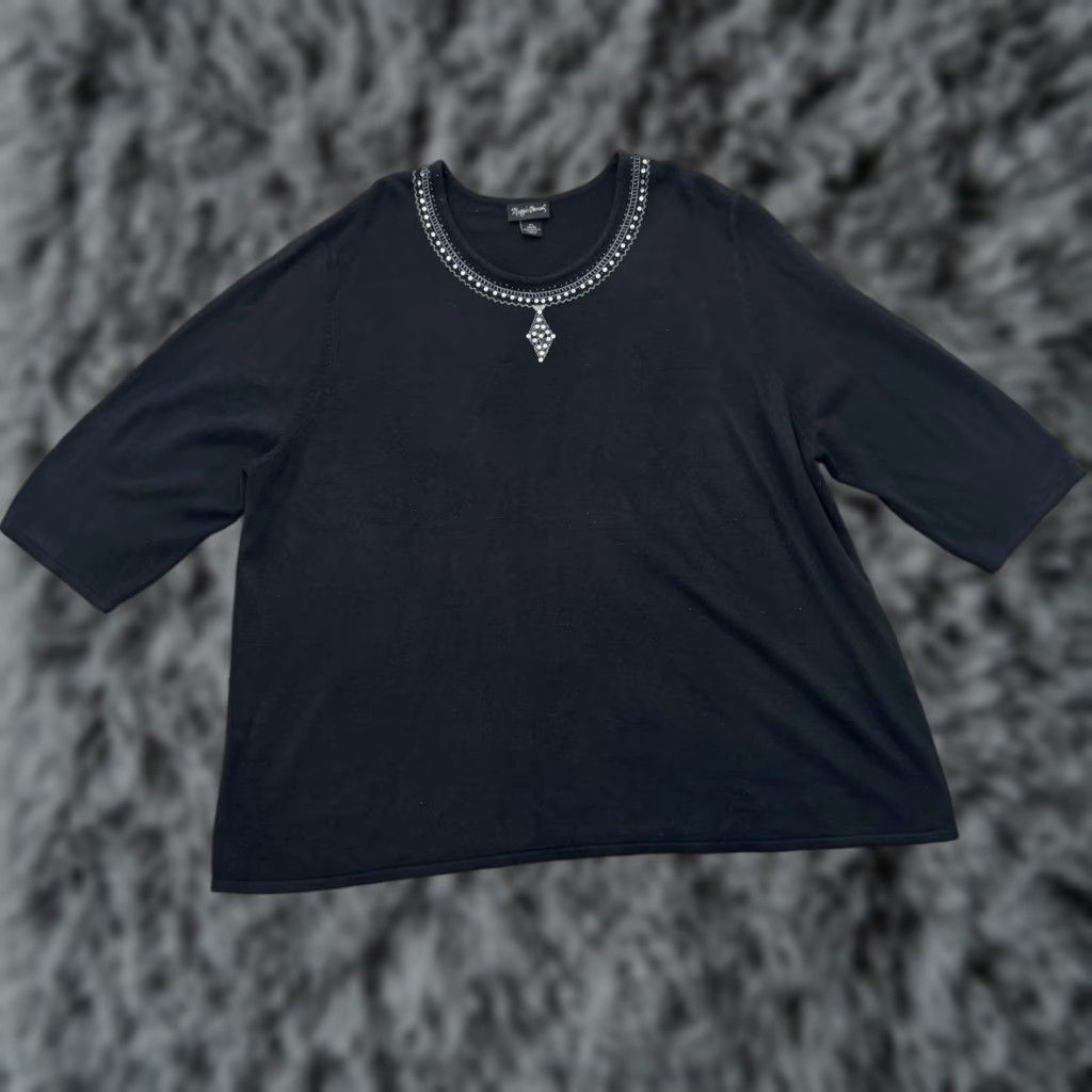 Vintage VINTAGE Maggie Barnes Sweater 4X 30/32 Plus Sequins Beaded Necktie Glam Raglan Sleeve 3/4 Black Womens Pullover Knit Acrylic Holiday Retro 90s Glam Size XXL / US 16-18 / IT 52-54 - 1 Thumbnail