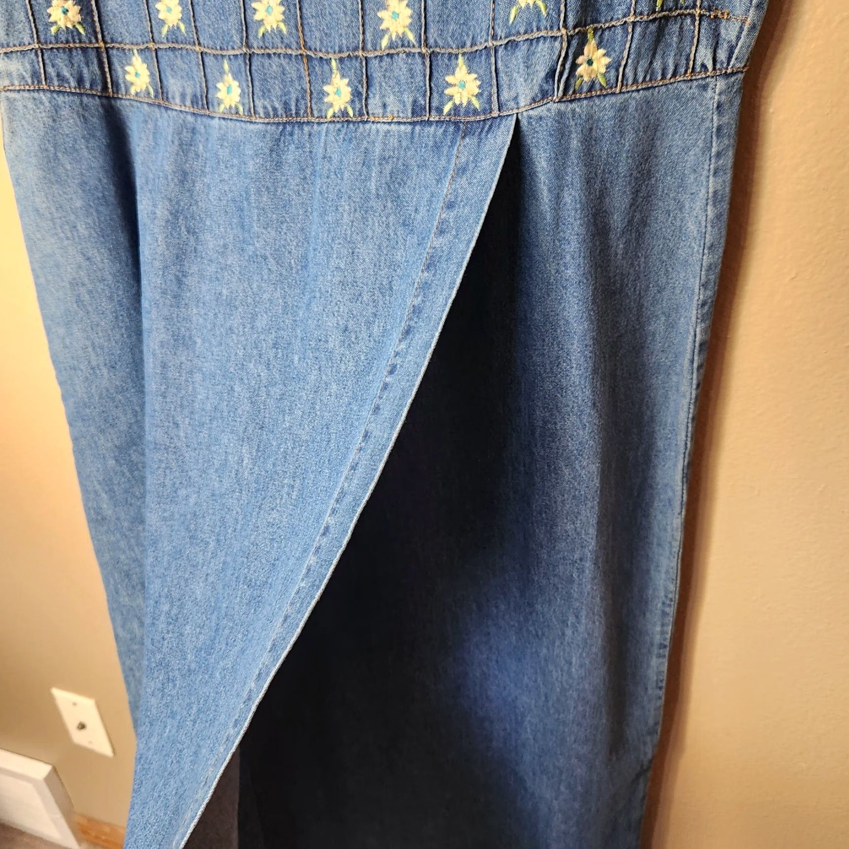 Denime VINTAGE Jane Ashley Denim Pinafore Overall Maxi Dress-Size M Blue Embroidered Floral 90s Womens Size 32" / US 10 / IT 46 - 2 Thumbnail