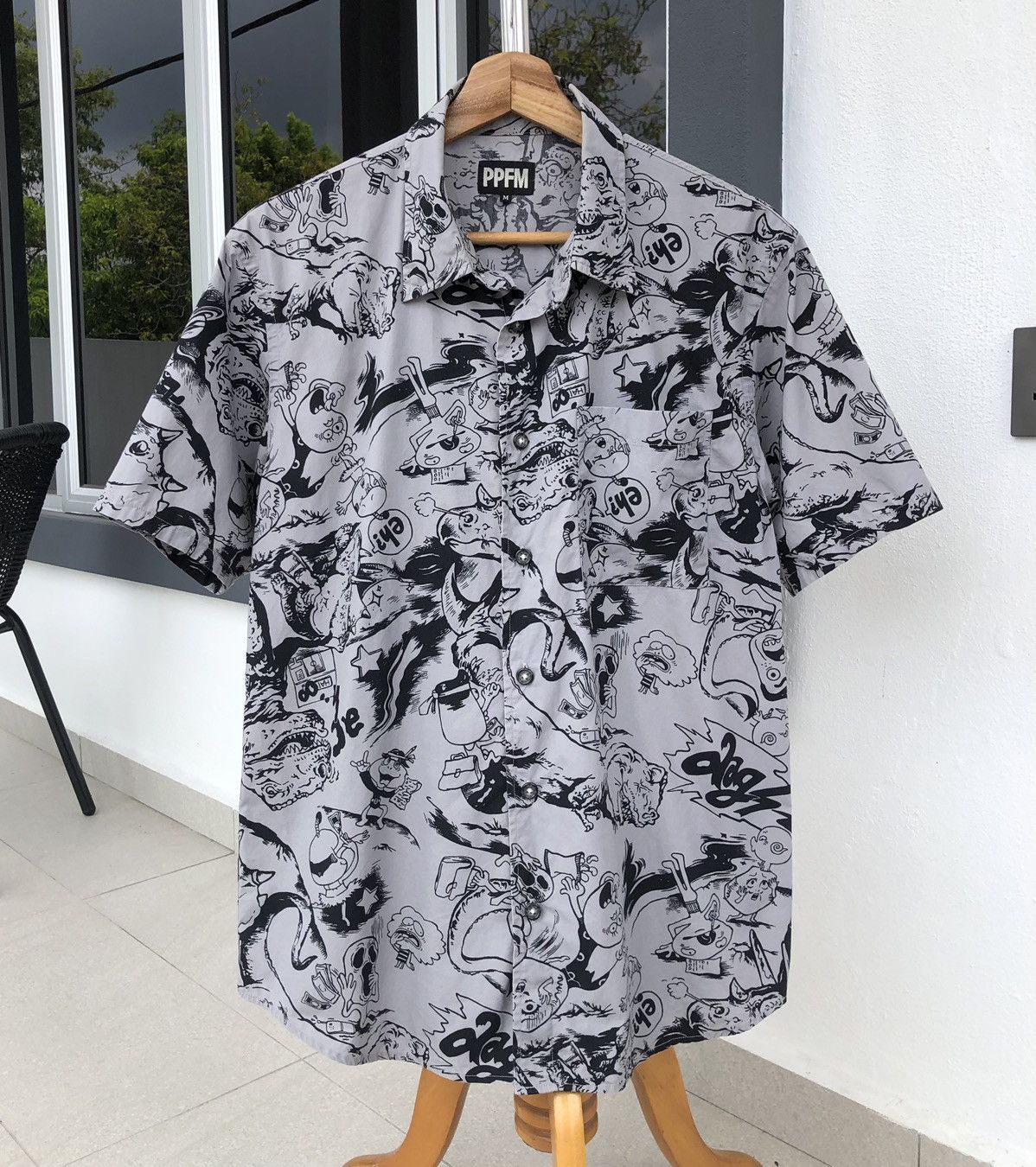 PPFM PPFM Mens Grey & Black All Over Printed Short Sleeve Shirt Size US M / EU 48-50 / 2 - 2 Thumbnail
