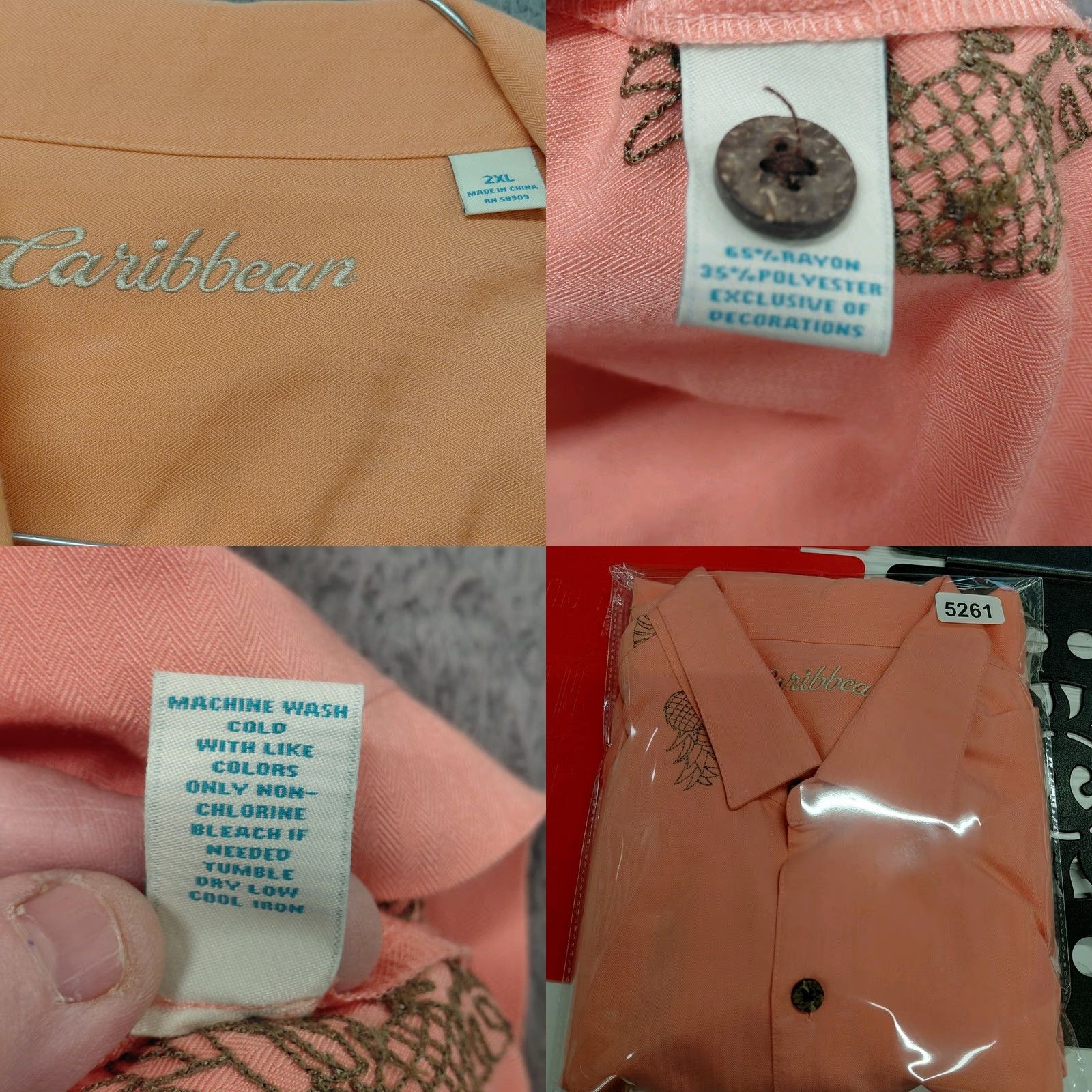 Vintage Caribbean Pineapple Print Shirt Mens 2XL Peach Hawaiian Short Sleeve Button Up Shirt Button-Up Casual Travel Breathable Rayon Polyester Holiday Size US XXL / EU 58 / 5 - 9 Thumbnail