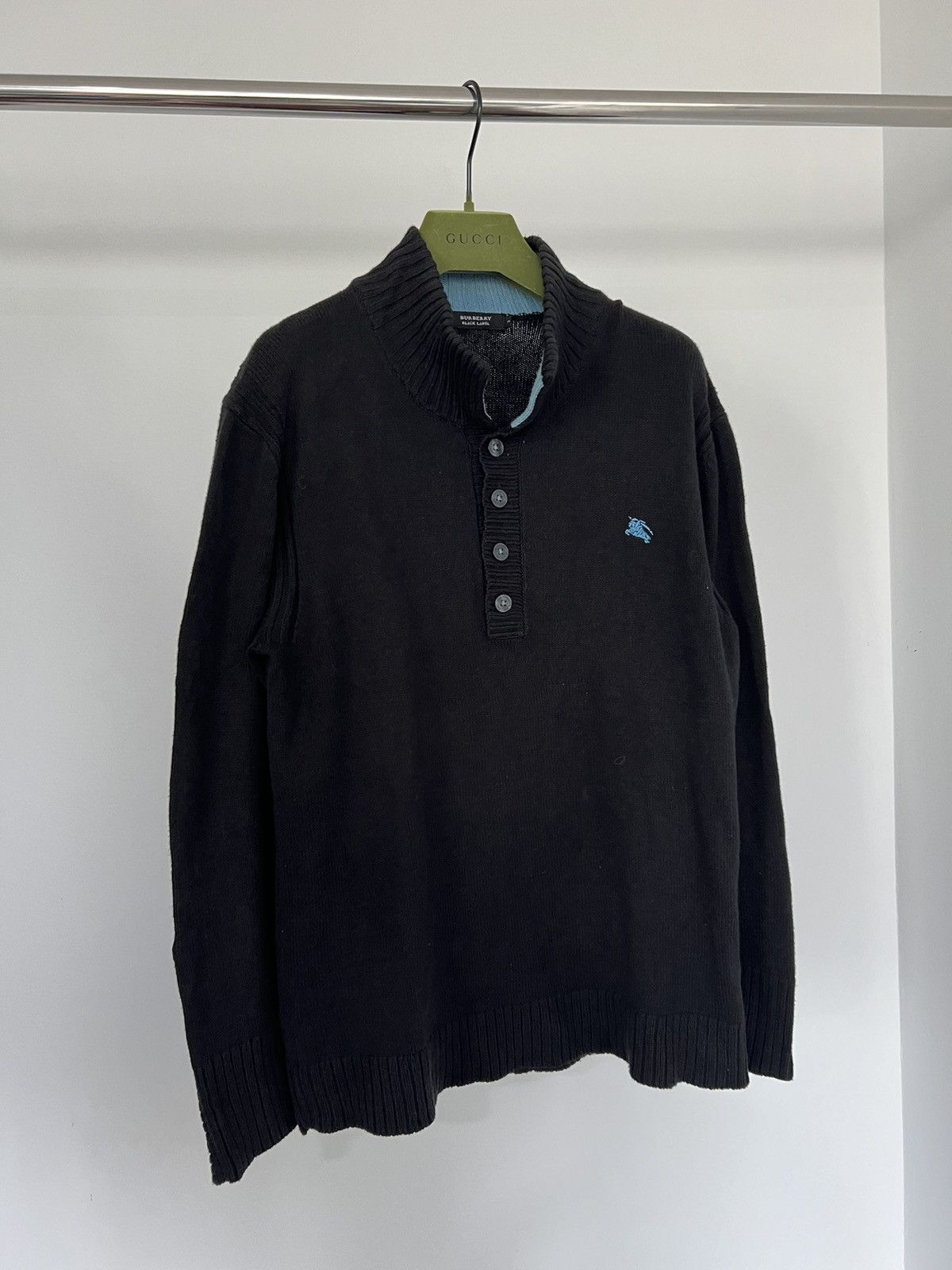 image of Burberry Thermal Knit Half Button Sweater in Black/Blue, Men's (Size Medium)