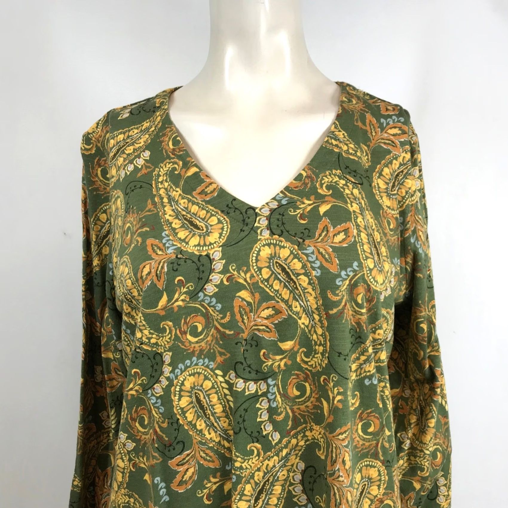 Vintage Pure Jill Organically Grown Cotton Slub Tunic Green Paisley V-Neck Womens M Size M / US 6-8 / IT 42-44 - 2 Thumbnail