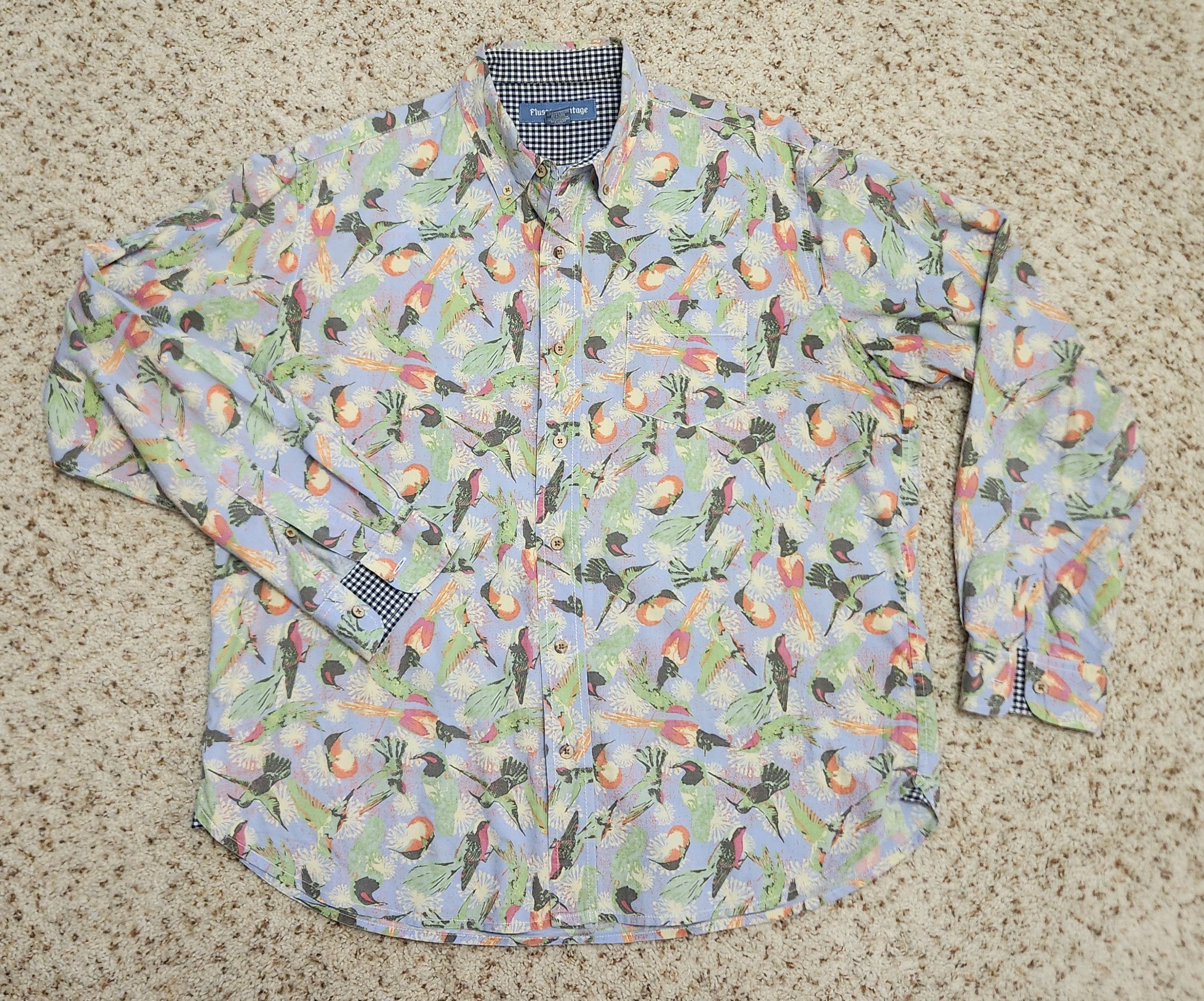 Alan Flusser men's Flusser shirt L blue cotton birds flowers button-down Size US L / EU 52-54 / 3 - 8 Thumbnail