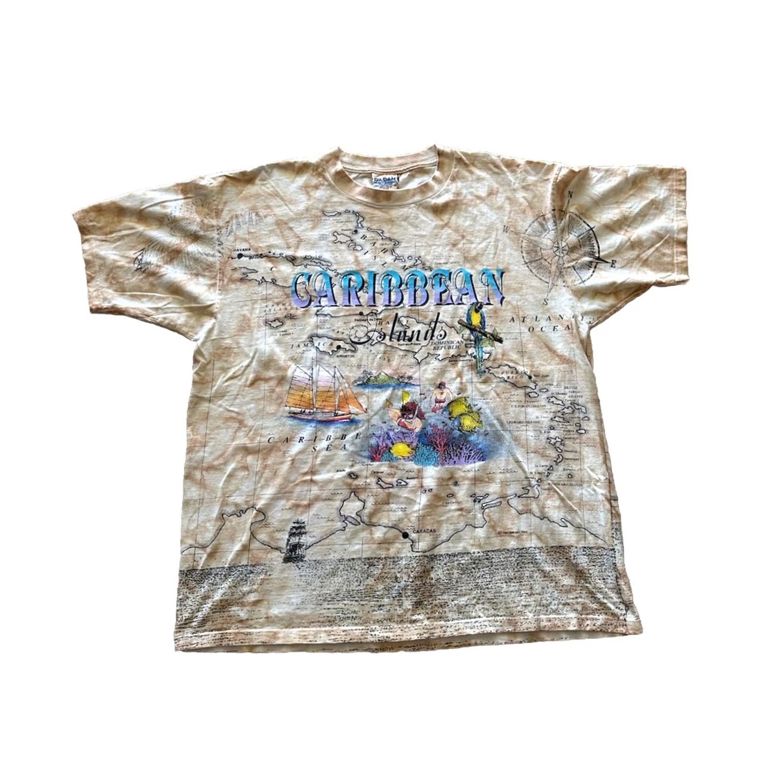 Gildan VINTAGE Caribbean Islands 1990s AOP Short Sleeve T-Shirt XL Beige Gildan Unisex Adults Crew Neck Casual Map 90s Beach Size US XL / EU 56 / 4 - 2 Thumbnail