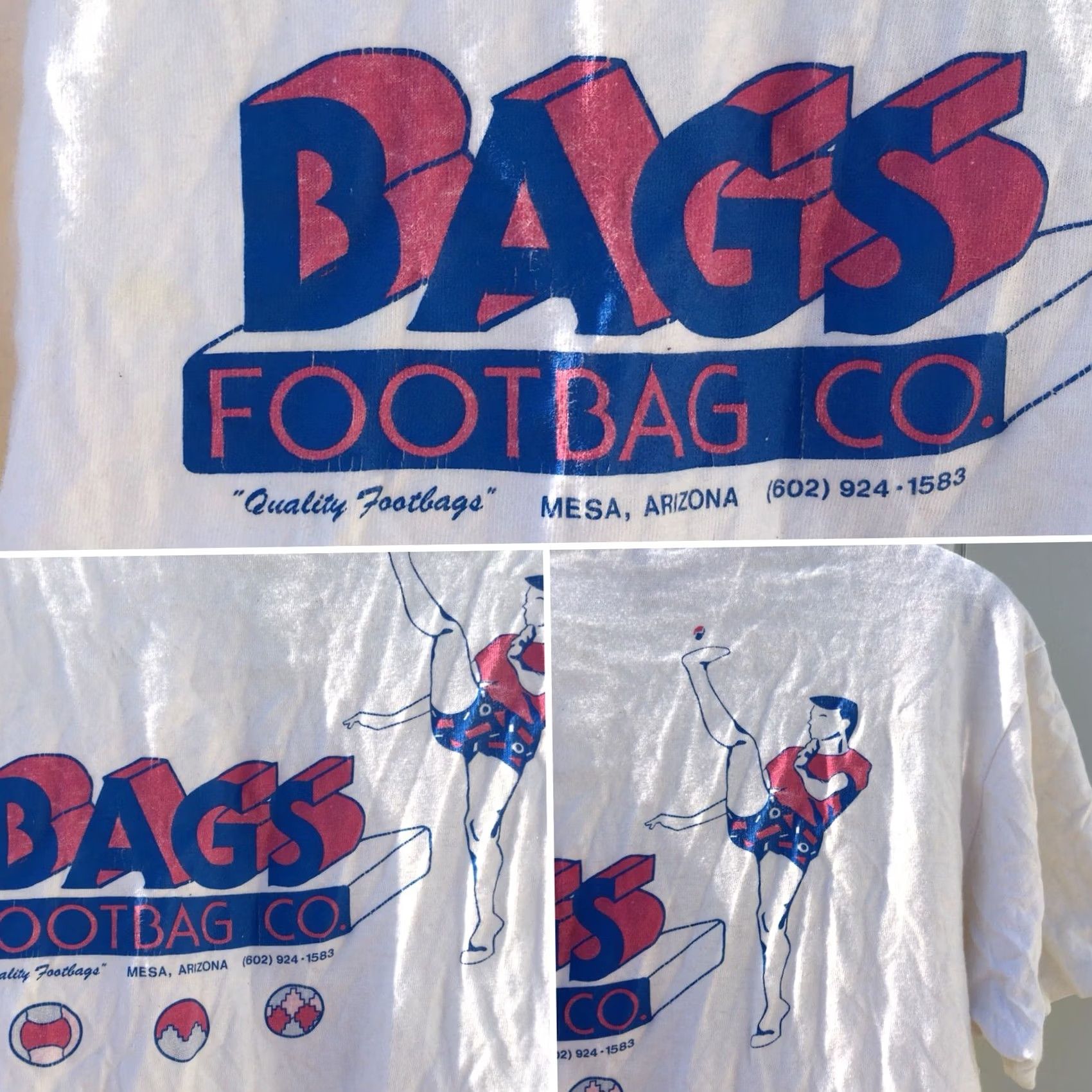 Hanes VINTAGE Hanes FOOTBAG CO Quality Footbags T-Shirt L USA 80s 90s Mens White Graphic Tee Short Sleeve 100% Cotton Size US L / EU 52-54 / 3 - 5 Thumbnail