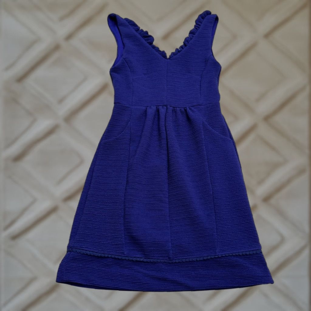 Anthropologie Maeve Anthropologie V-Neck Mini Sheath Dress Womens XS Blue Ruffle Hem Sleeveless Knit Polyester Spandex Casual Workwear Solid Short Dress Size XS / US 0-2 / IT 36-38 - 1 Thumbnail
