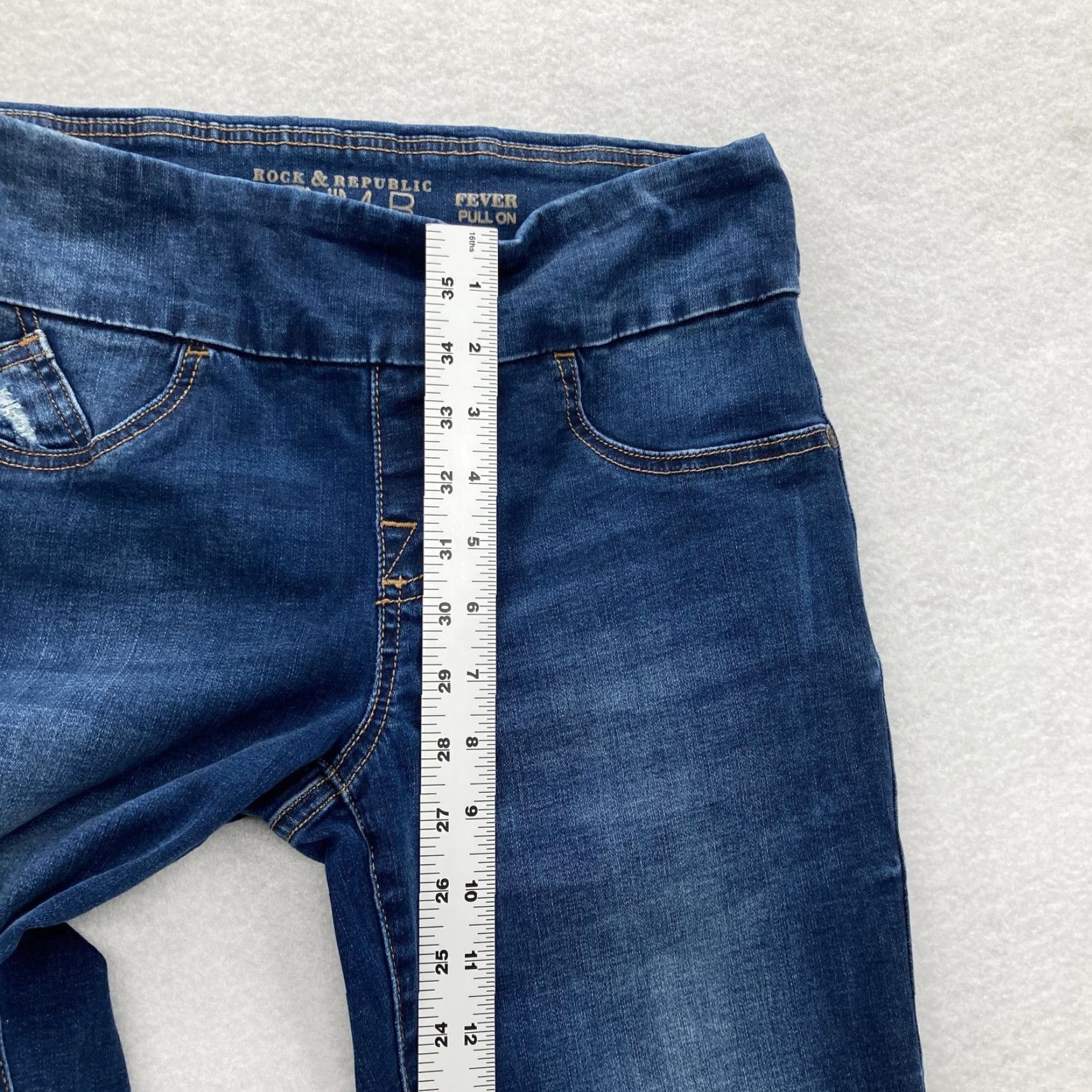 Vintage Rock & Republic Jeans Womens 8 Blue Denim RX Fever Pull On Skinny High Rise Slimming Stretch Distressed Logo 90s Grunge Size 30" / US 8 / IT 44 - 7 Thumbnail
