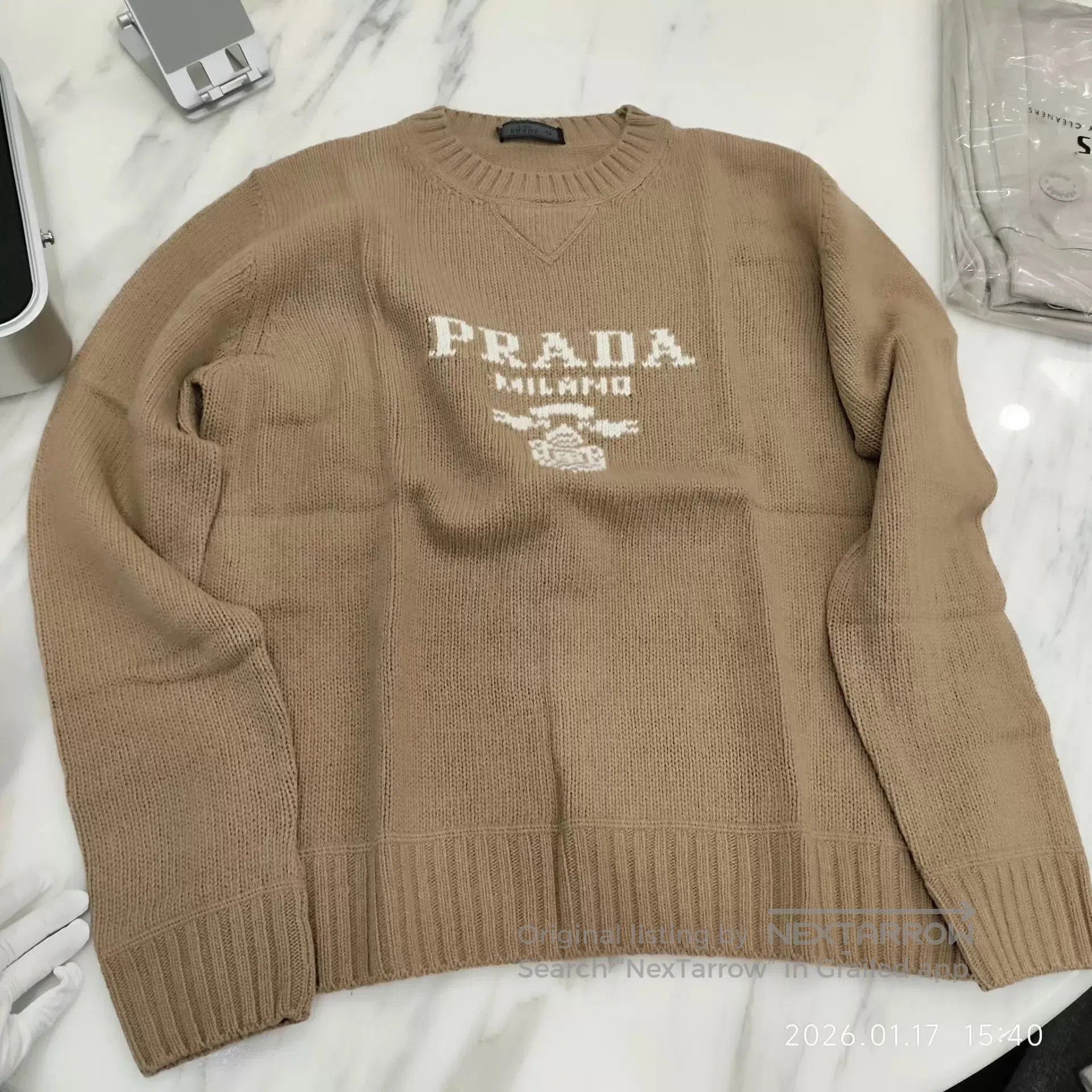 Prada Beige Crewneck Sweater with Logo Design. Size US M / EU 48-50 / 2 - 1 Thumbnail