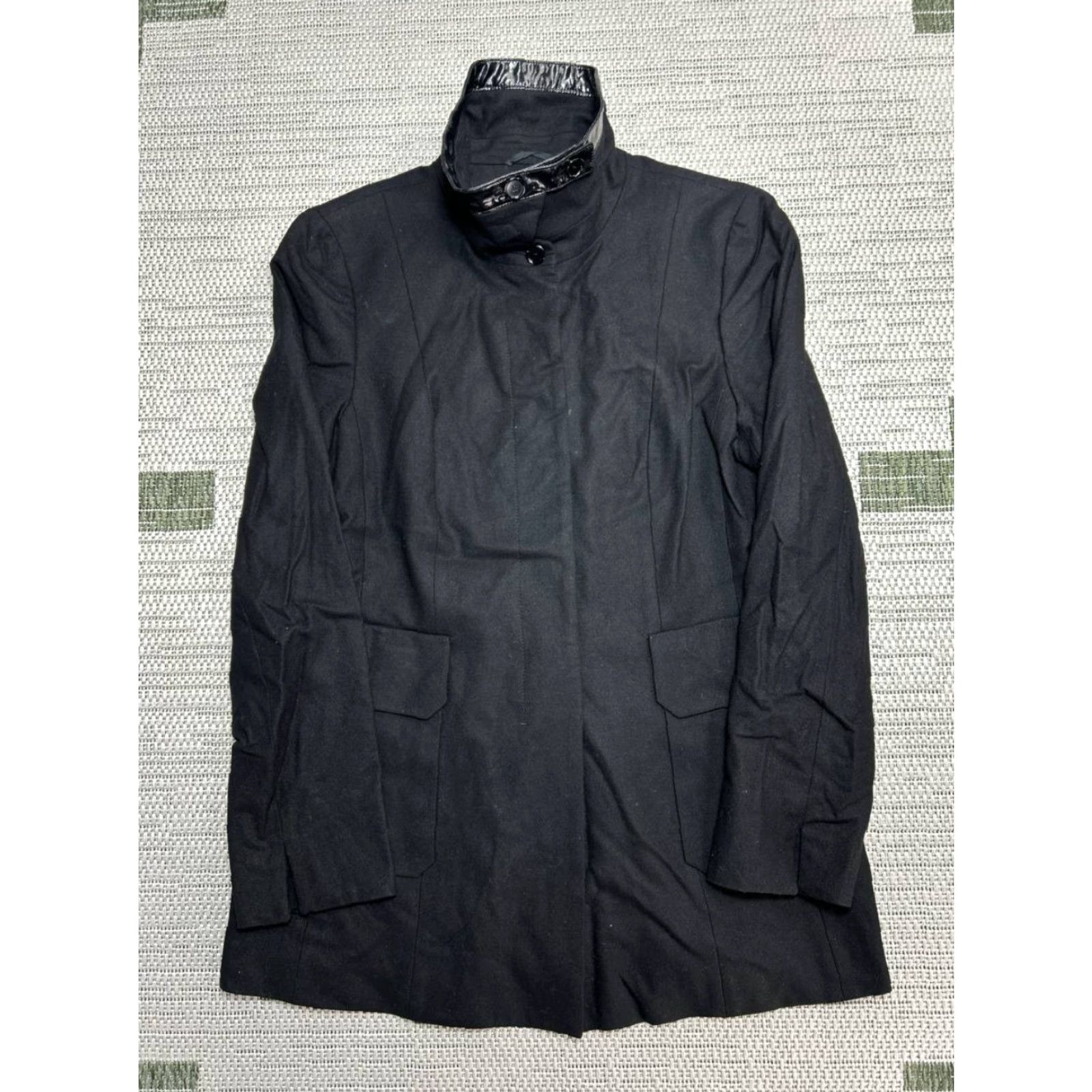 Akris Akris Coat Womens 8 Black Wool Blend Stretch Concealed Placket Funnel Neck Mid-Length Winter Fall Spring Long Sleeve Button Size M / US 6-8 / IT 42-44 - 2 Thumbnail