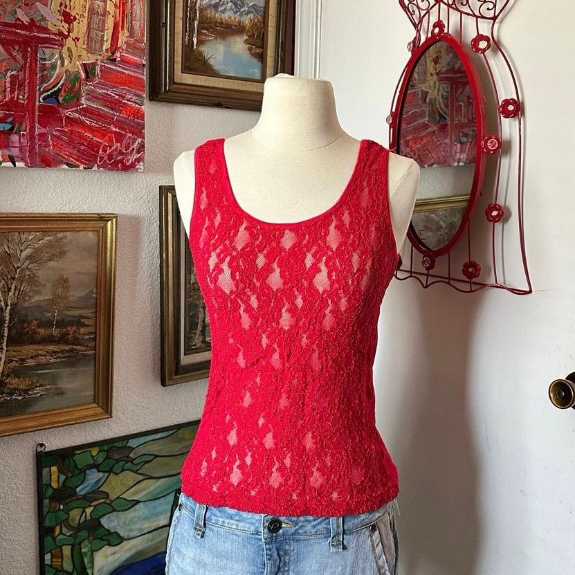 Other no brand red lace mesh tank top Size M / US 6-8 / IT 42-44 - 1 Thumbnail