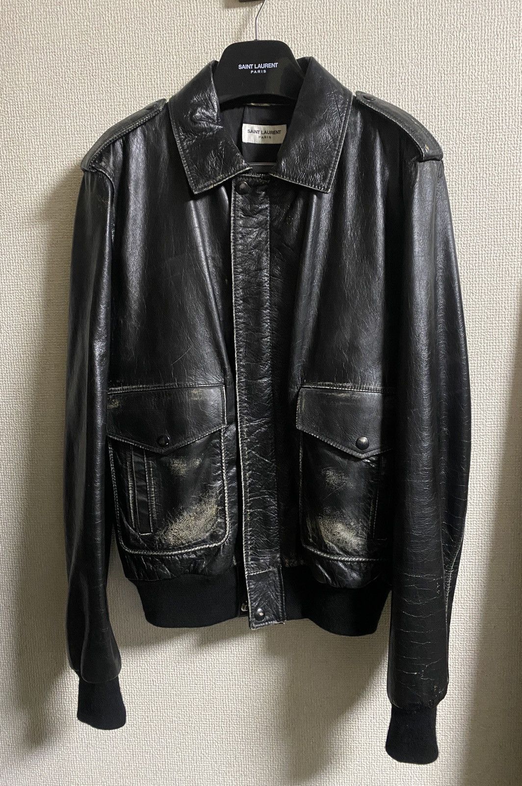 image of A2 Leather Jacket Saint Laurent Paris By Hedi Slimane in Black, Men's (Size Medium)