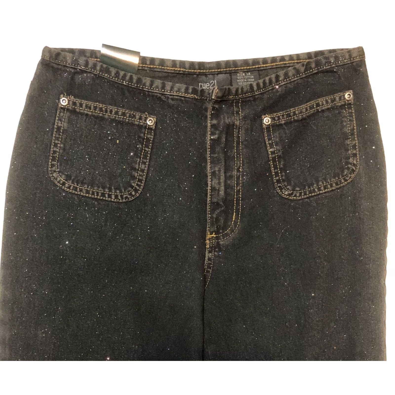 Vintage Rue 21 Jeans Black Glitter Flare Mid Rise Waist 26” Inseam 30” y2K Grunge Women 14 Size 36" / US 14 / IT 50 - 3 Thumbnail