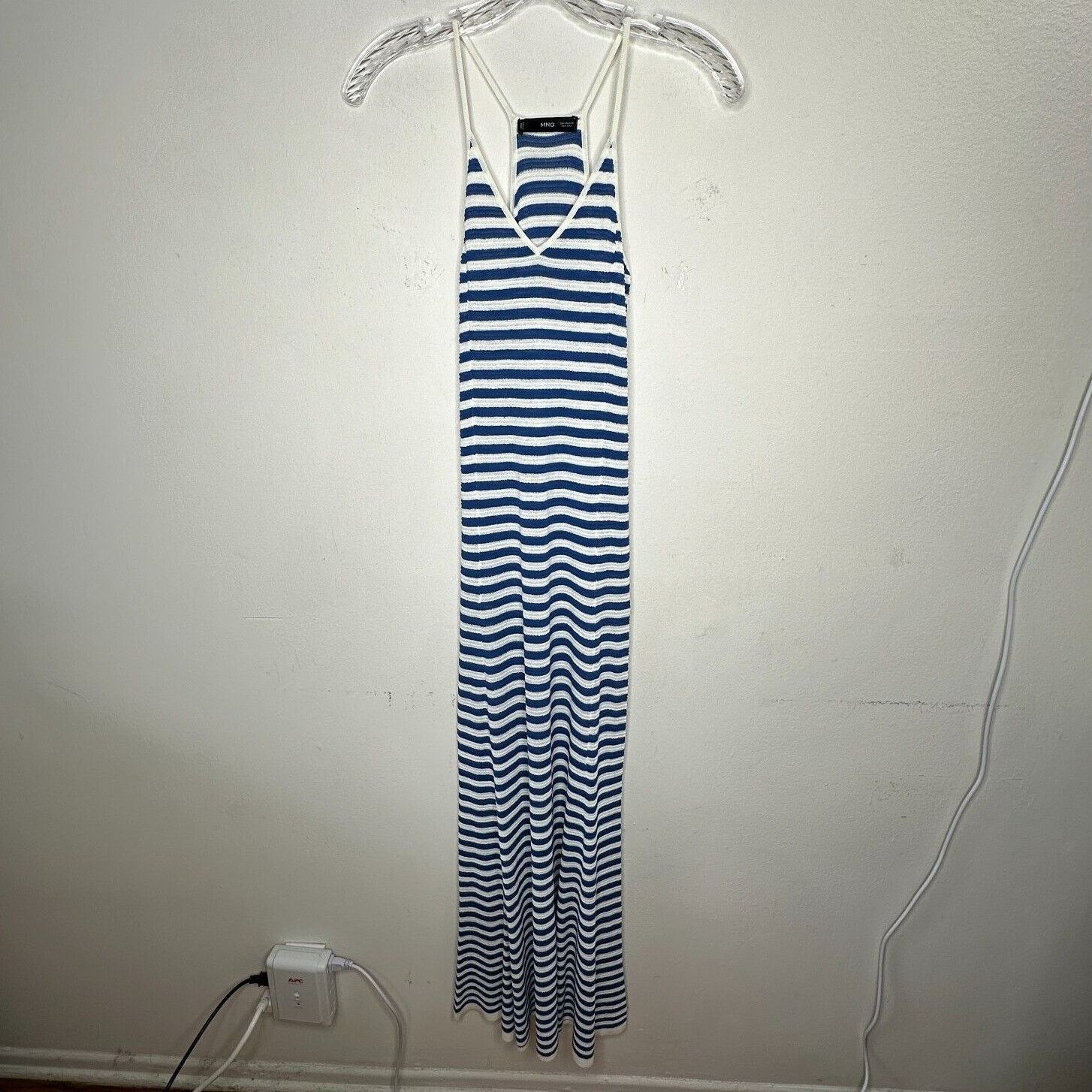 Mango MNG White Blue Striped V-Neck Thin Straps Maxi Dress XXS Size XXS / US 00 / IT 34 - 3 Thumbnail